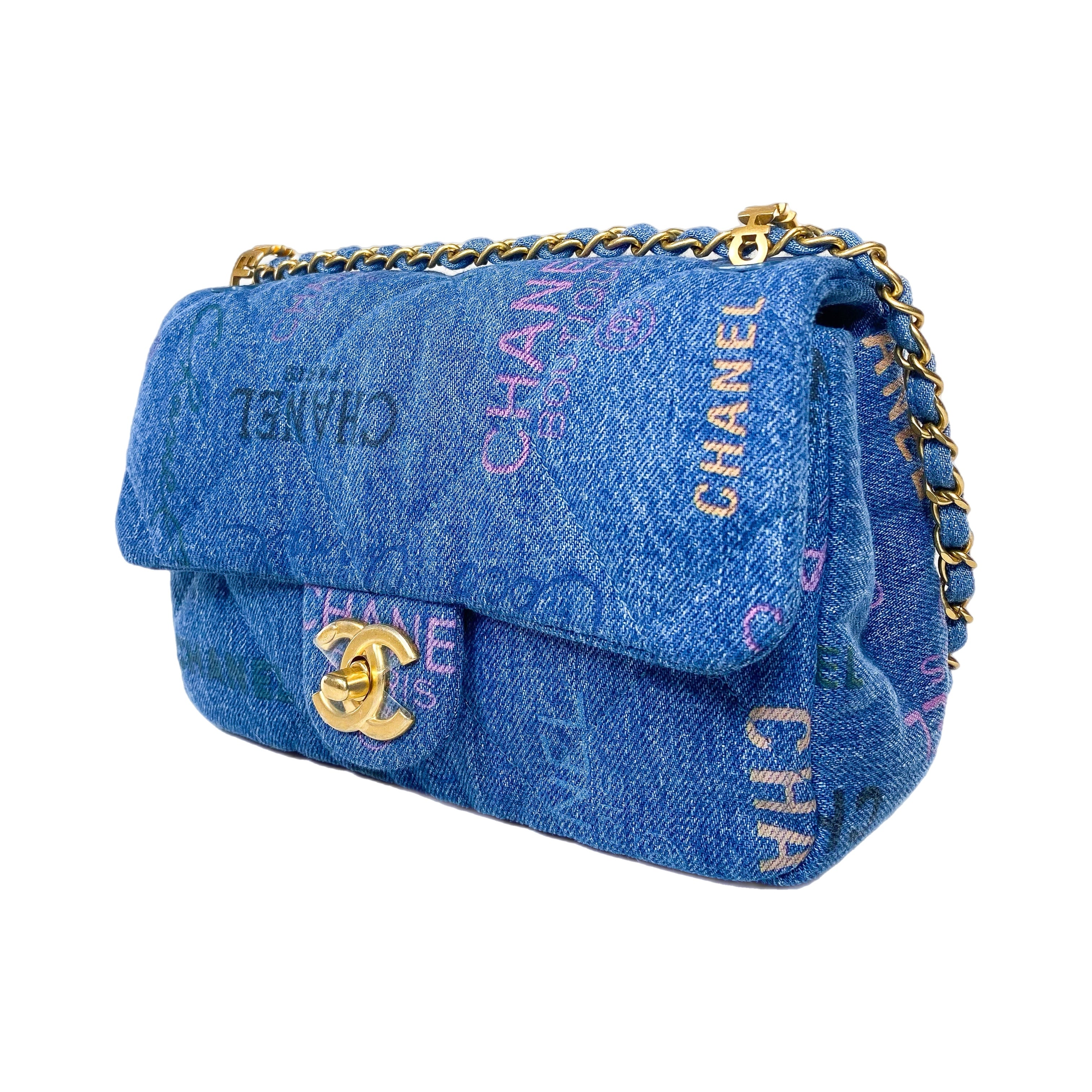 Chanel Logo Printed Denim Mood Rectangular Flap Bag