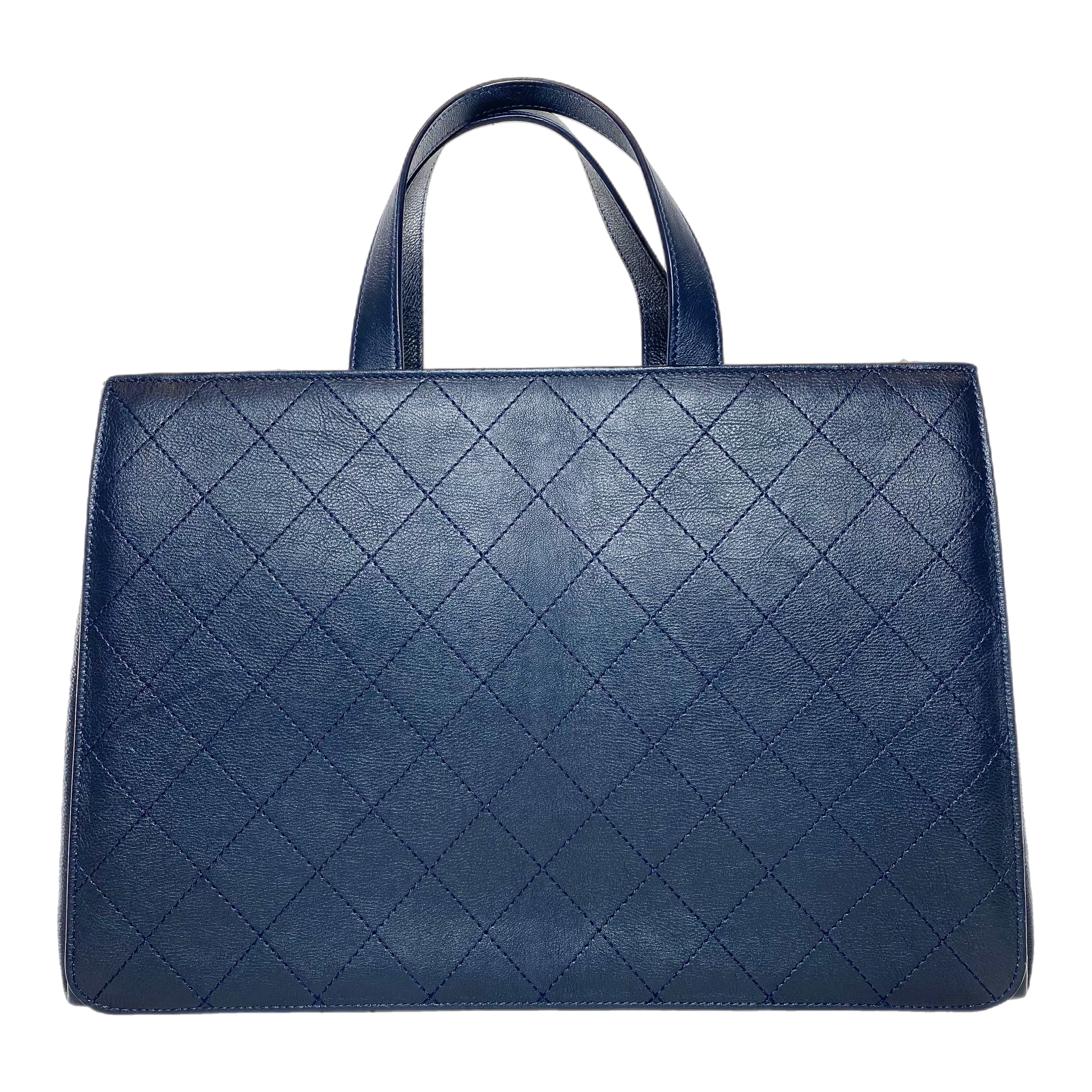 Chanel Large Navy Stitched Straight Lines Shopping Tote