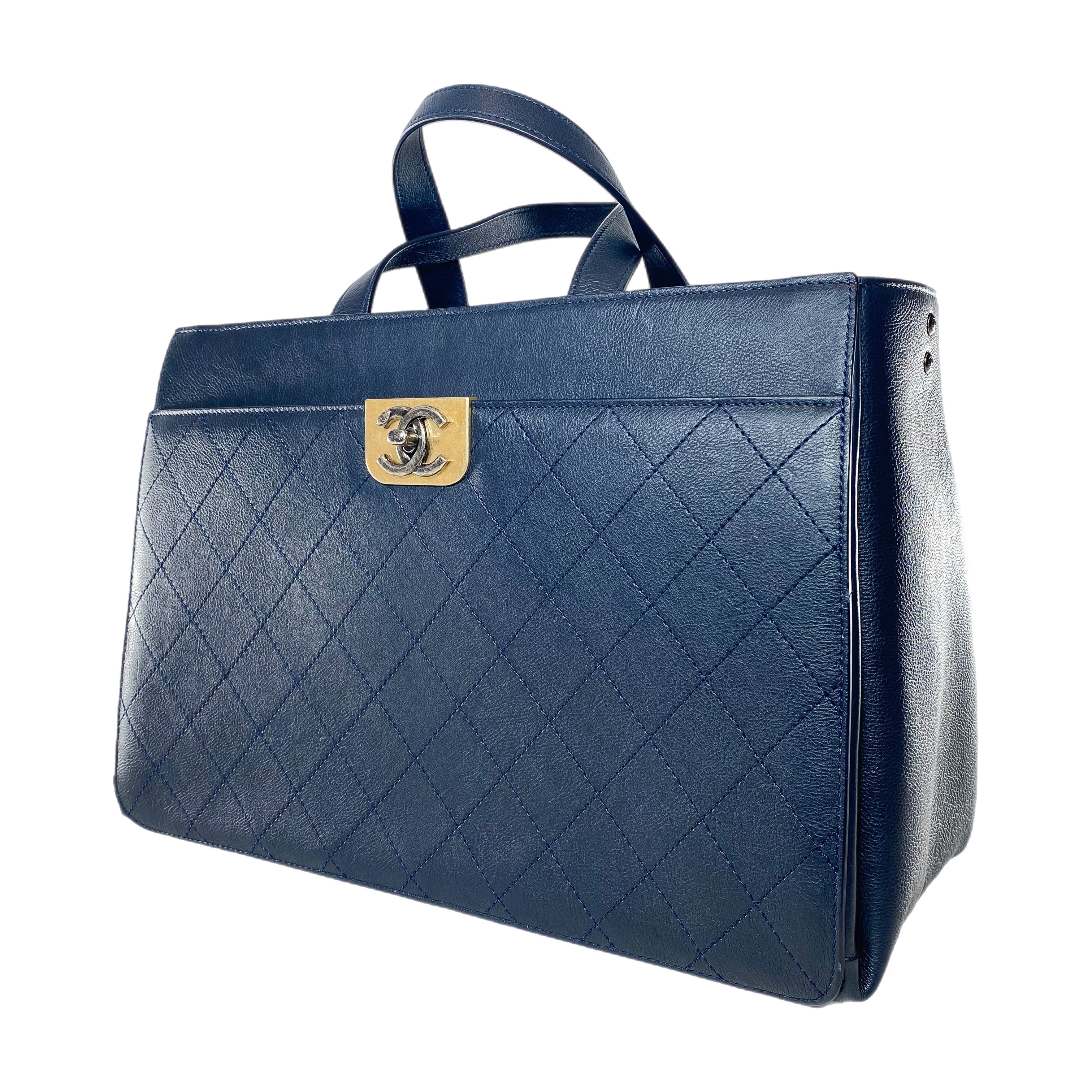 Chanel Large Navy Stitched Straight Lines Shopping Tote