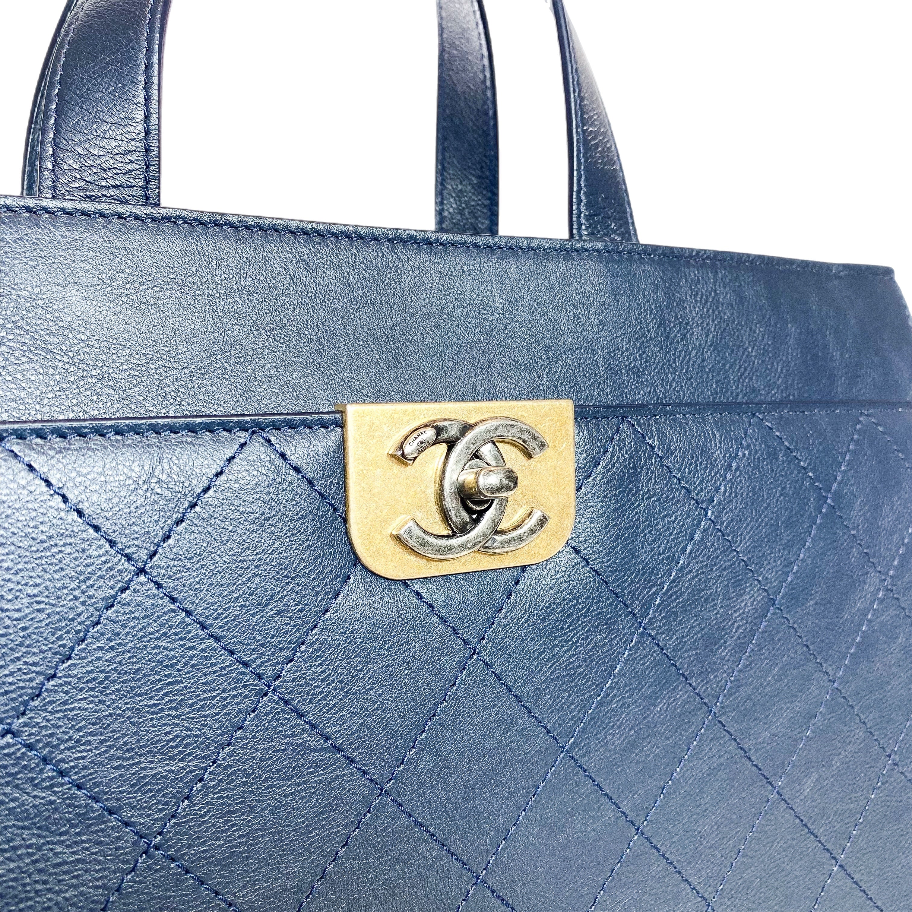 Chanel Large Navy Stitched Straight Lines Shopping Tote