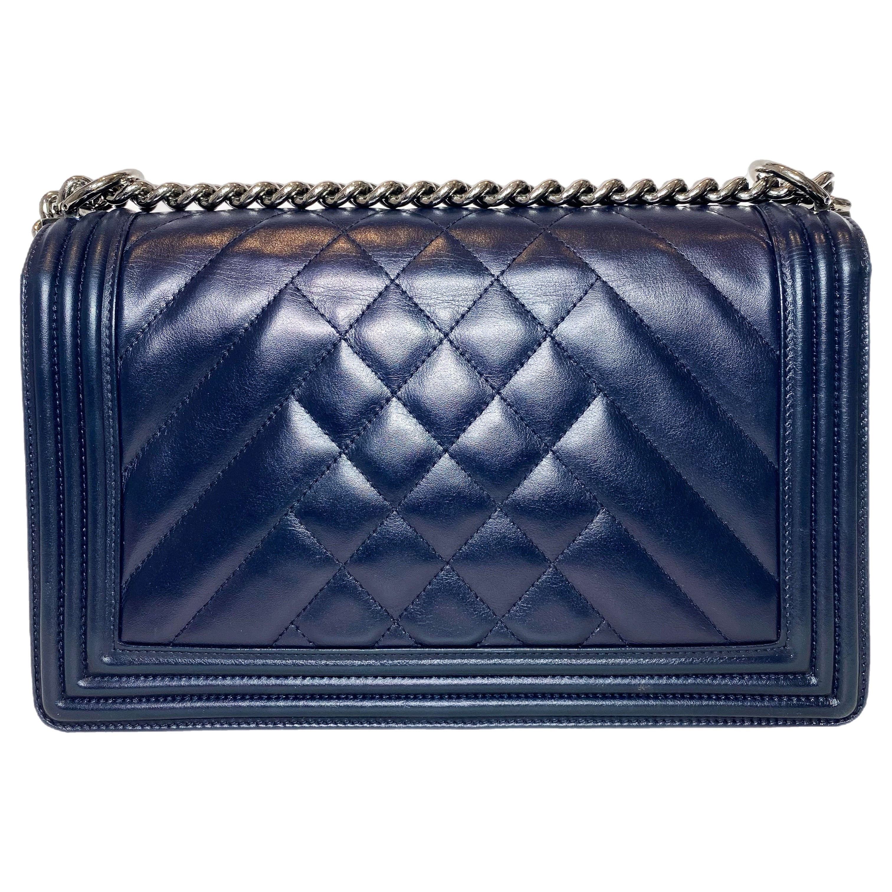 Chanel Navy Chevron Quilted Medium Boy Bag