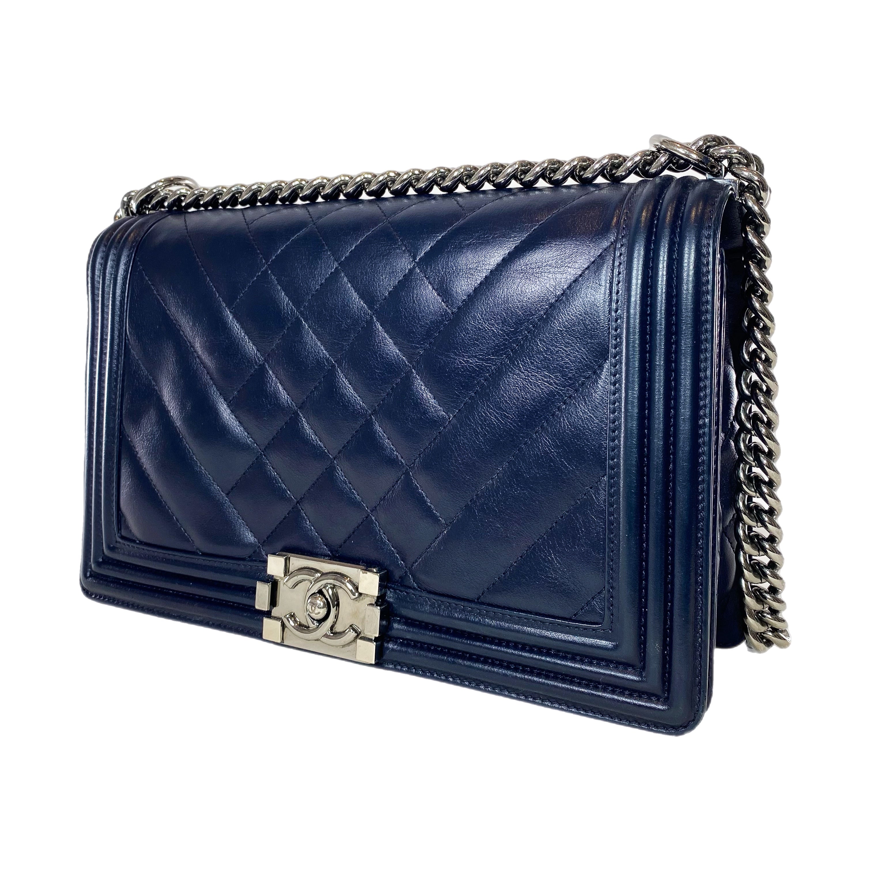 Chanel Navy Chevron Quilted Medium Boy Bag