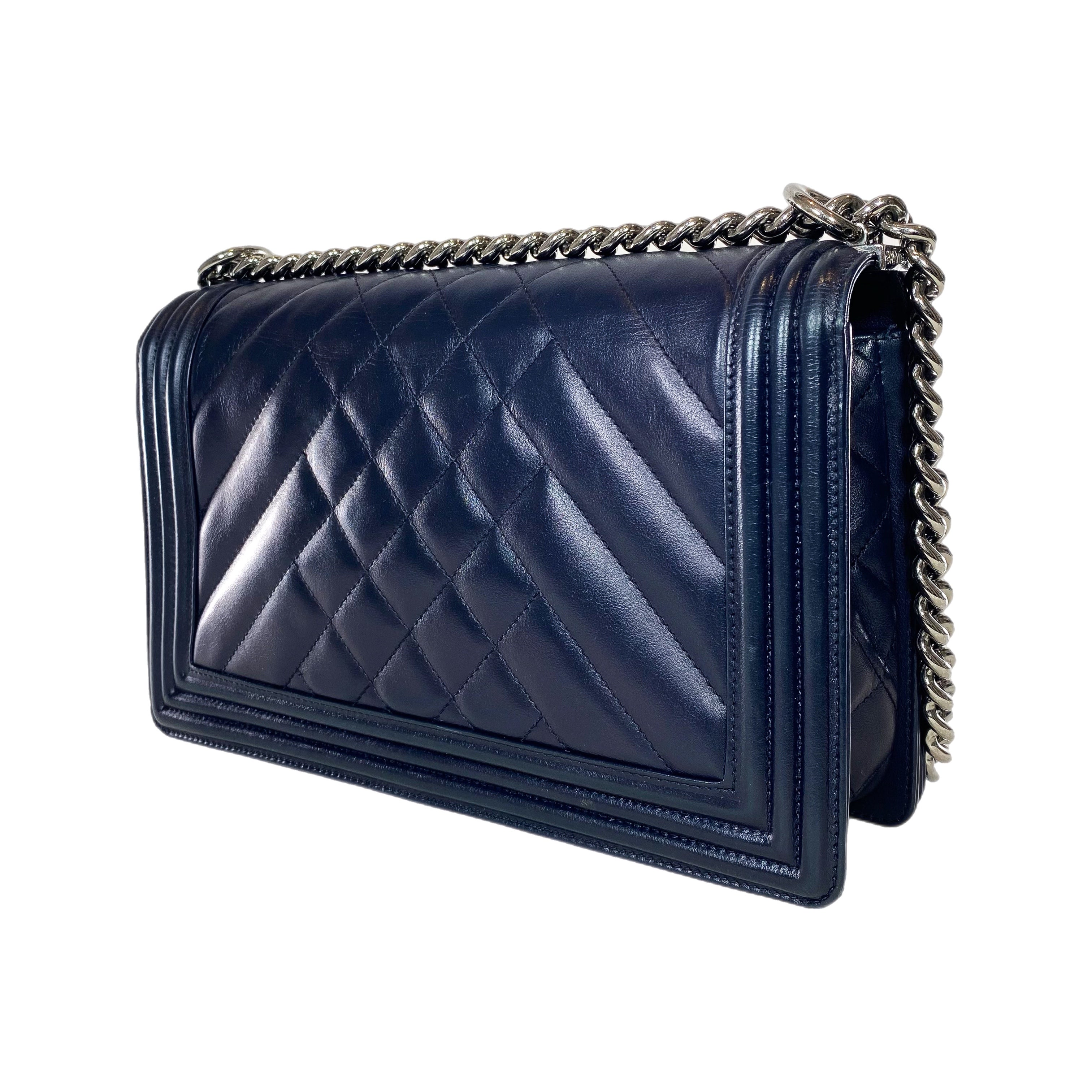 Chanel Navy Chevron Quilted Medium Boy Bag