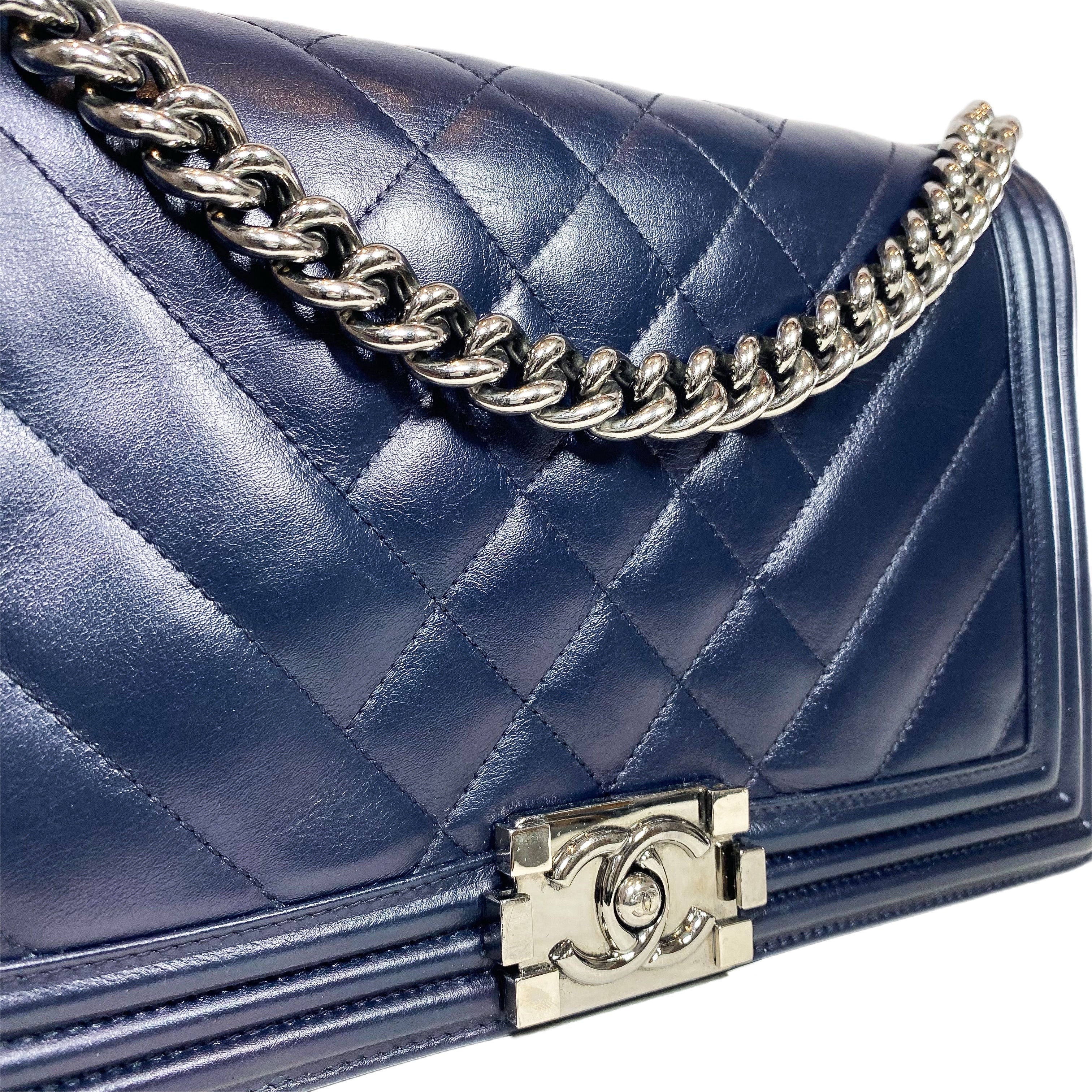 Chanel Navy Chevron Quilted Medium Boy Bag