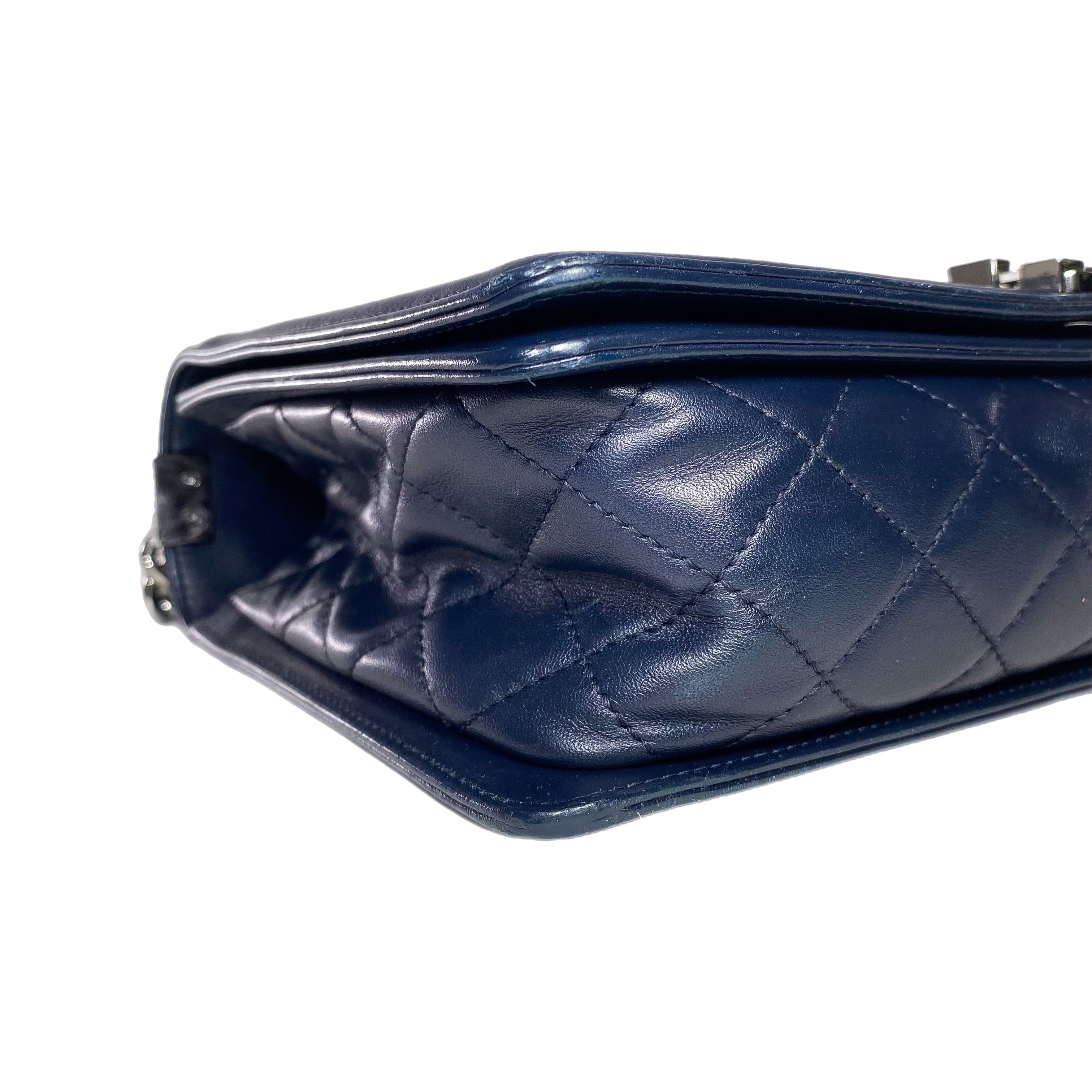 Chanel Navy Chevron Quilted Medium Boy Bag