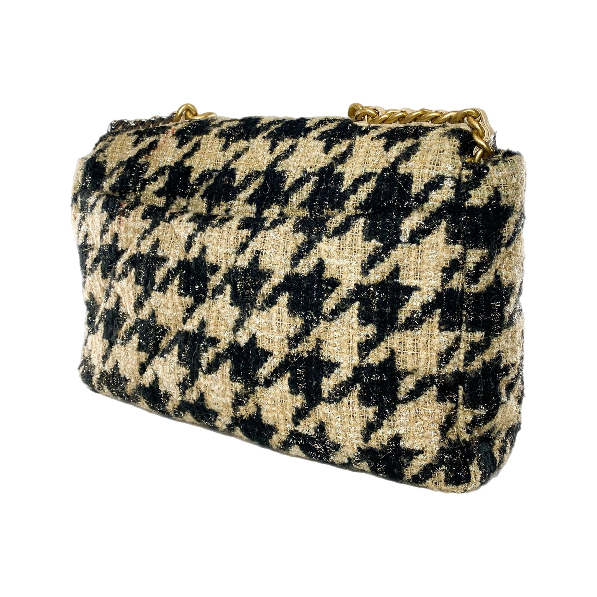 Chanel 19 Black Beige Houndstooth Tweed Maxi Flap Bag