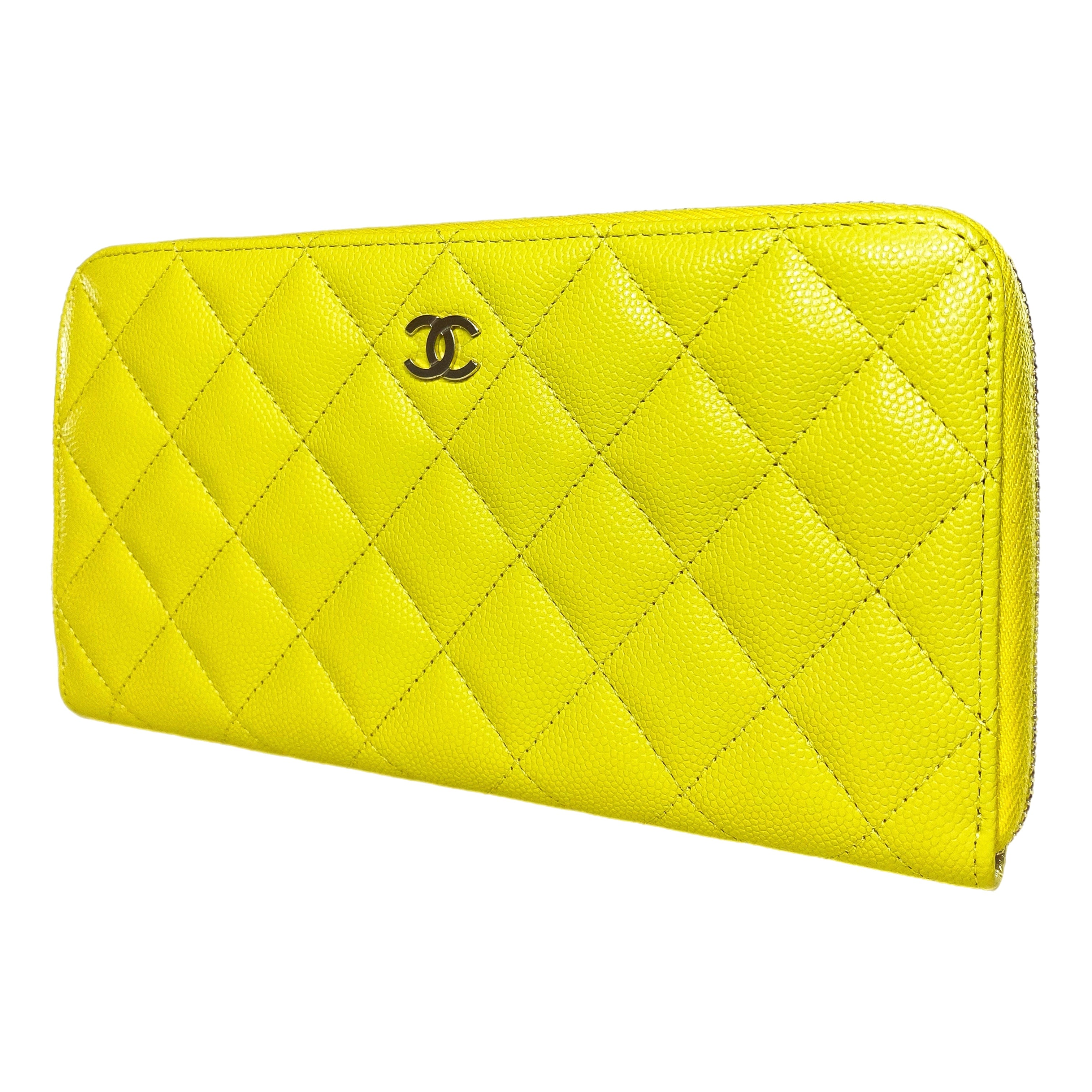 Chanel Yellow Quilted Large Gusset Zip Around Wallet