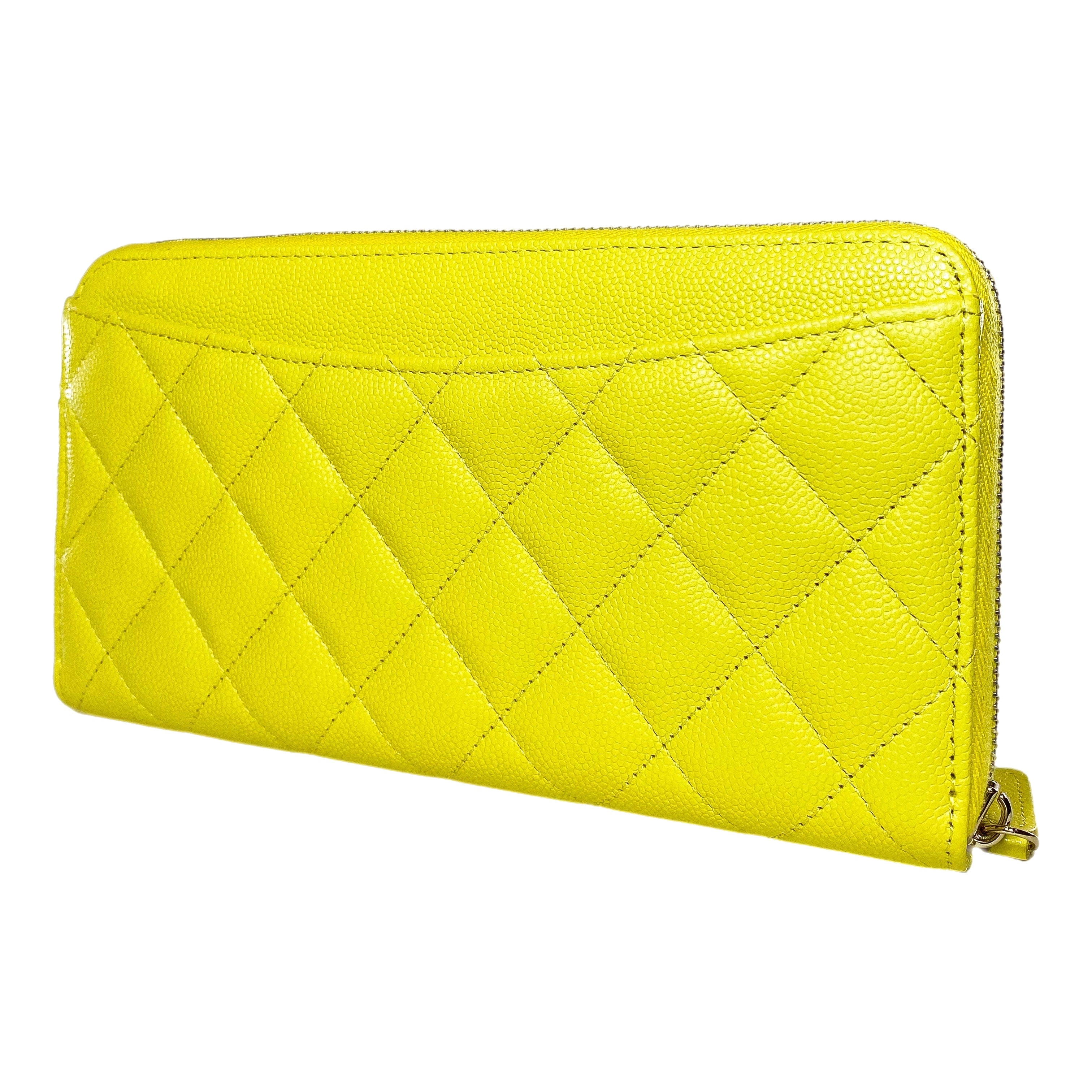 Chanel Yellow Quilted Large Gusset Zip Around Wallet