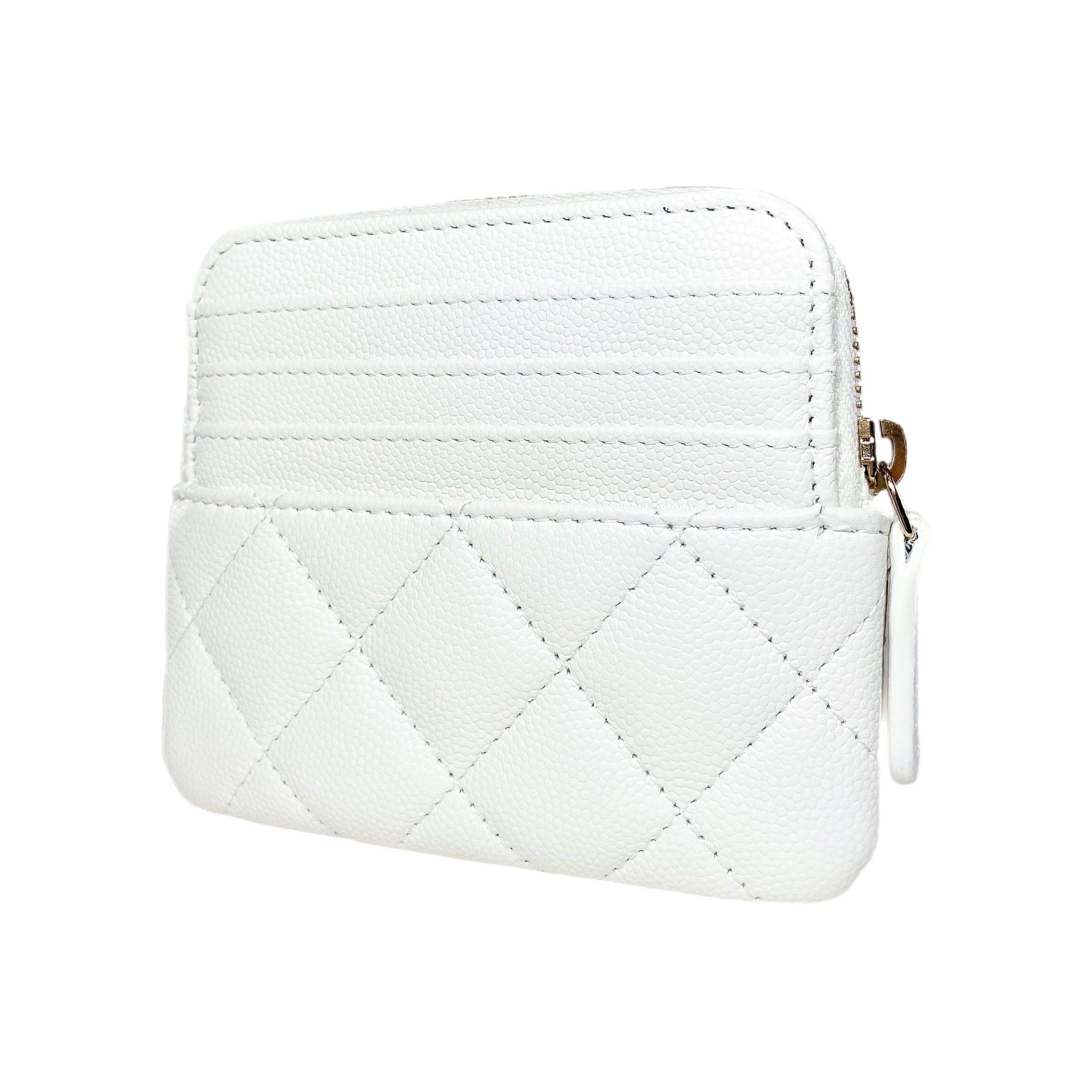 Chanel White Quilted Crystal Zip Card Holder Wallet