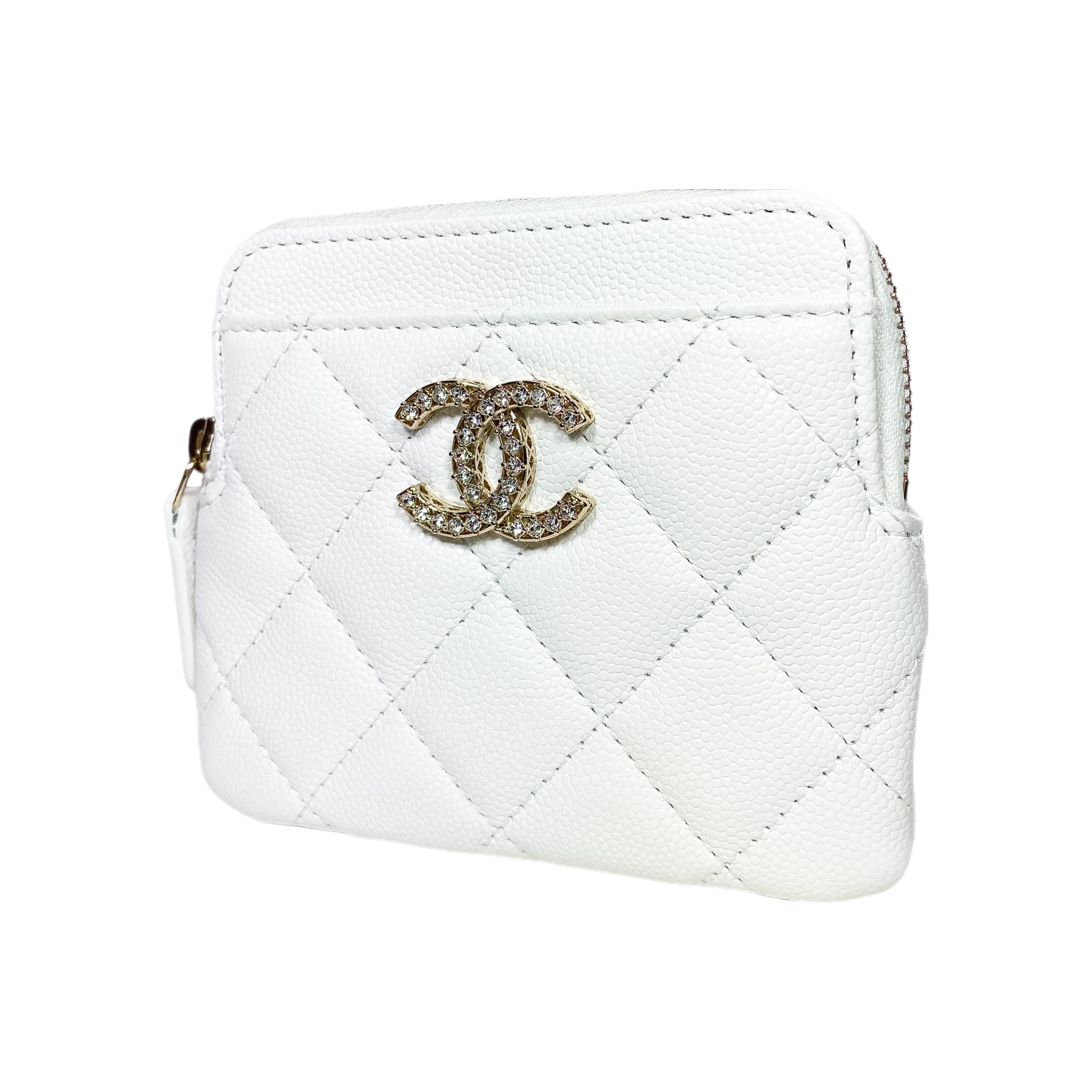 Chanel White Quilted Crystal Zip Card Holder Wallet