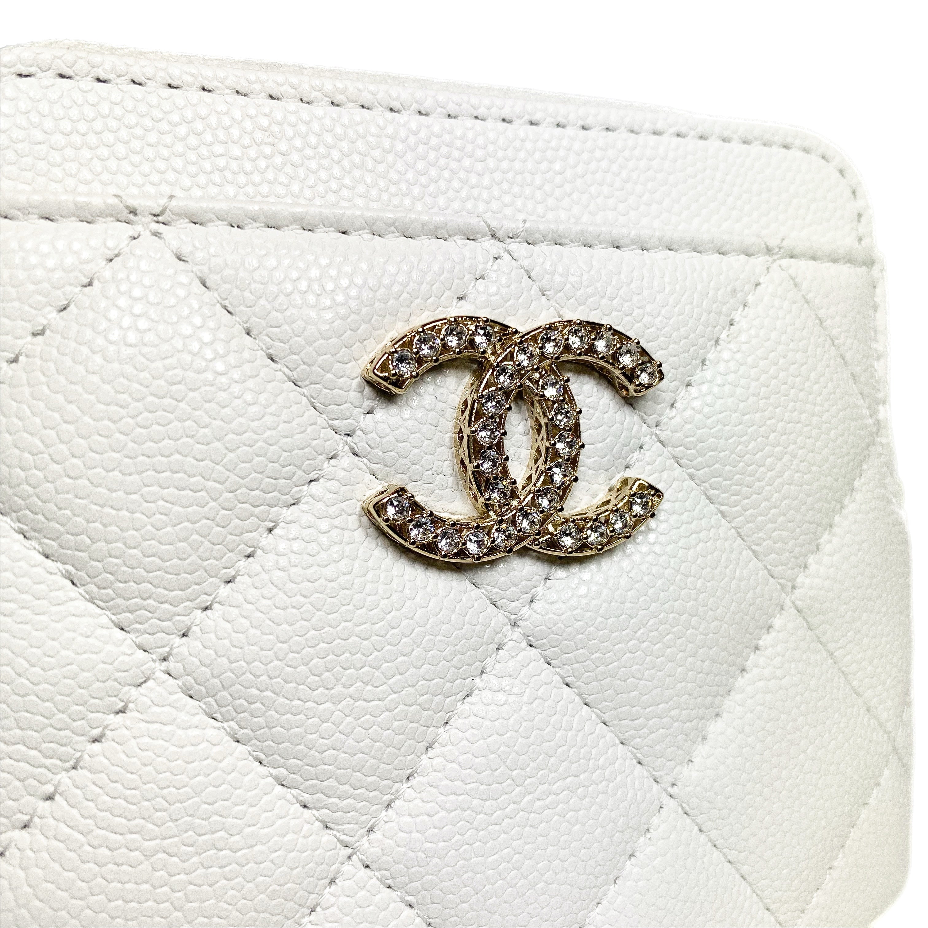 Chanel White Quilted Crystal Zip Card Holder Wallet