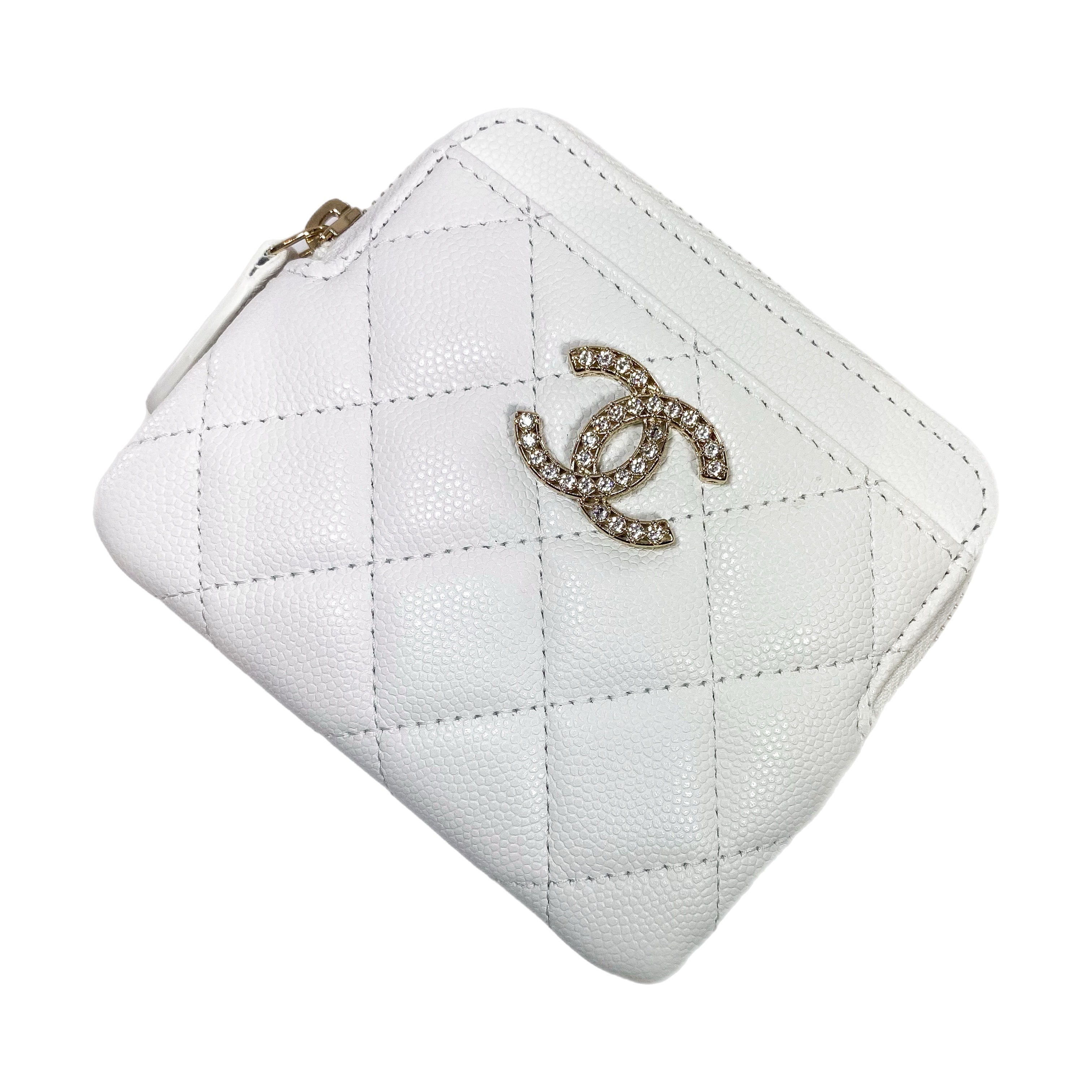 Chanel White Quilted Crystal Zip Card Holder Wallet