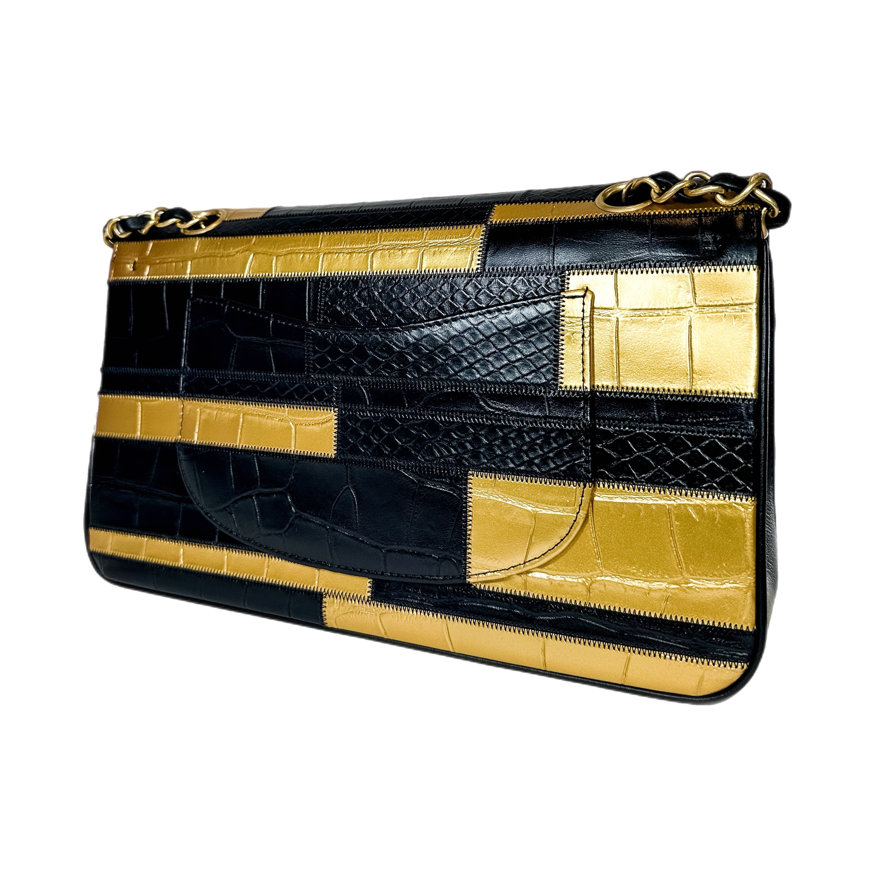 Chanel Black Gold Egypt Crocodile Python Embossed Medium Flap Bag