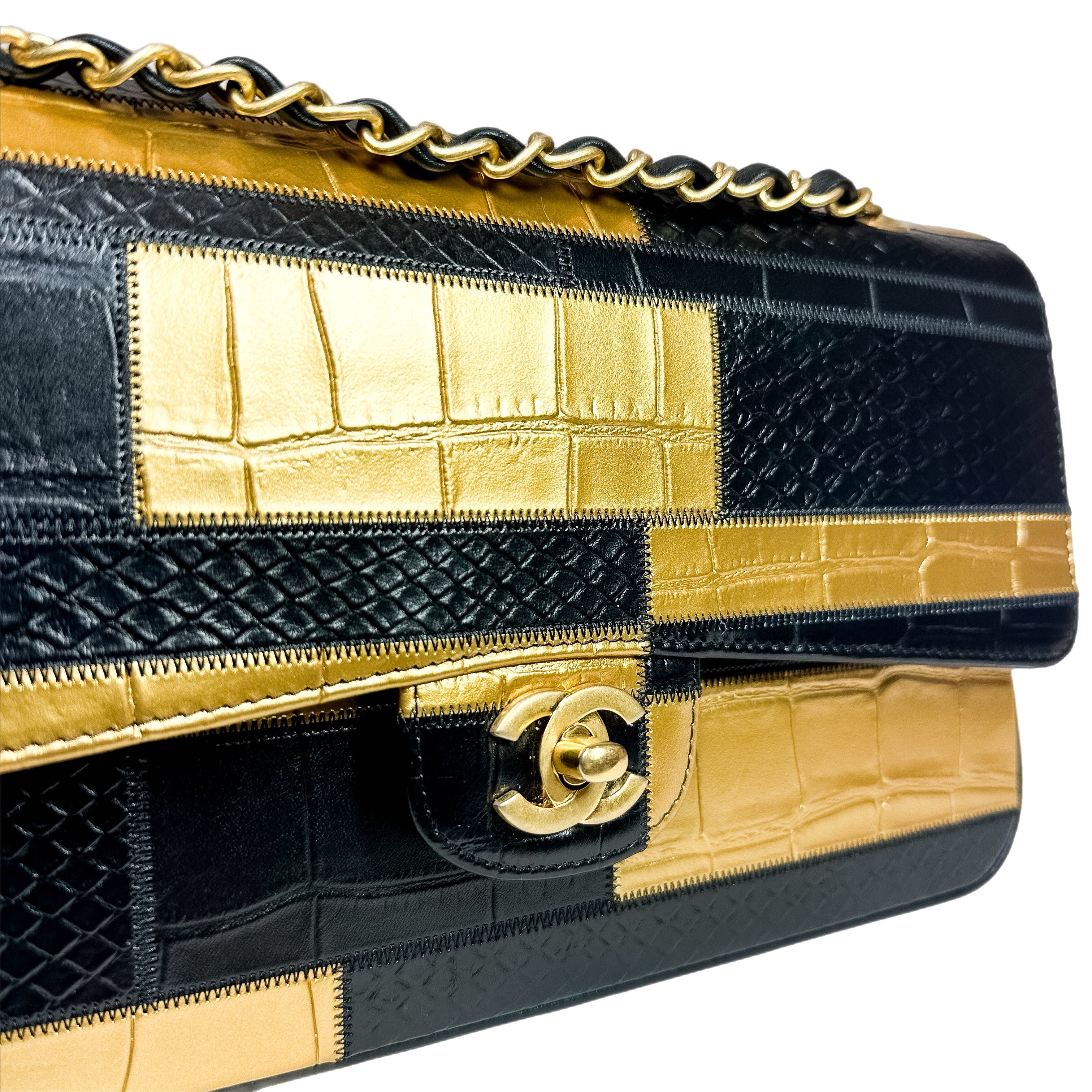 Chanel Black Gold Egypt Crocodile Python Embossed Medium Flap Bag