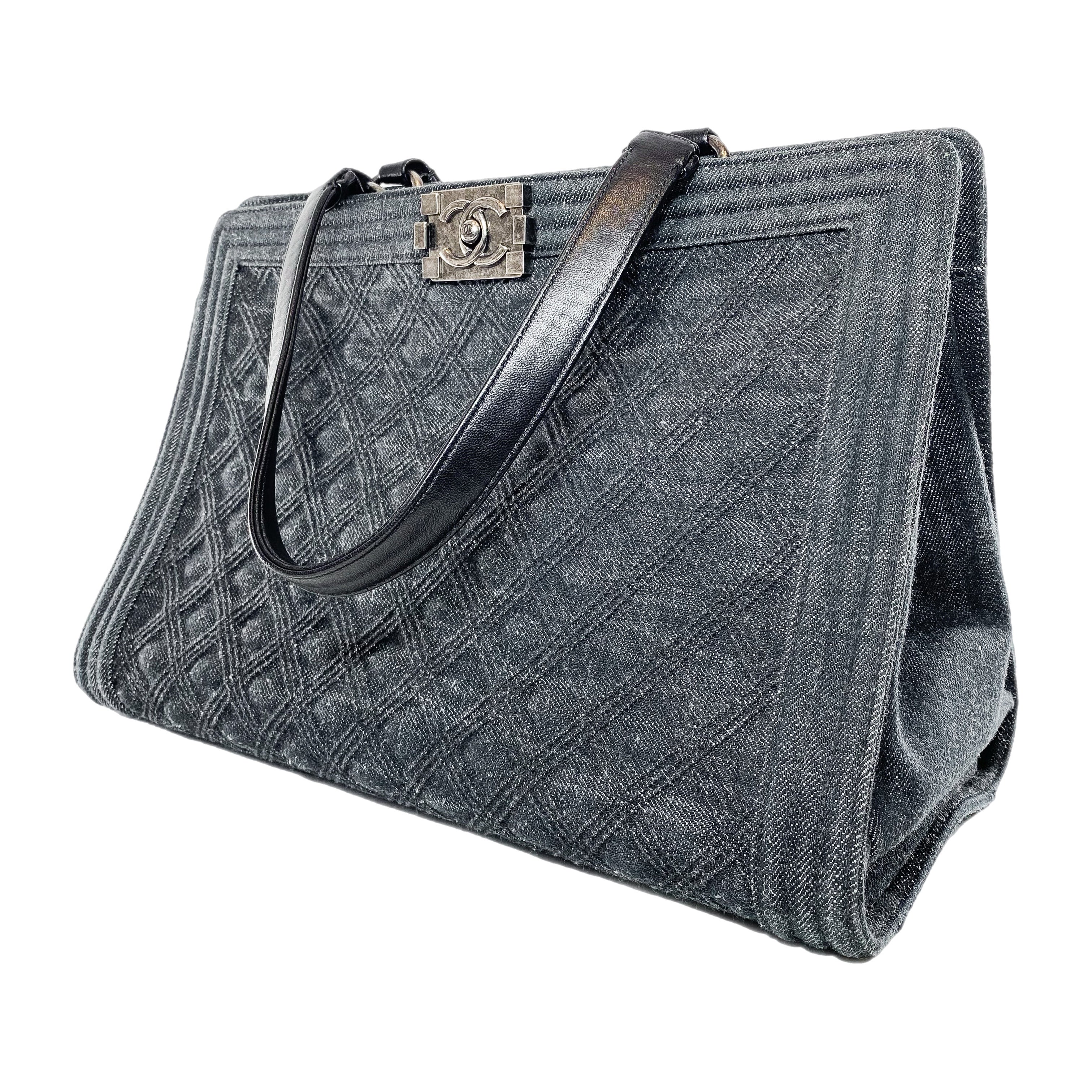 Chanel Black Denim Quilted Boy Shopping Tote