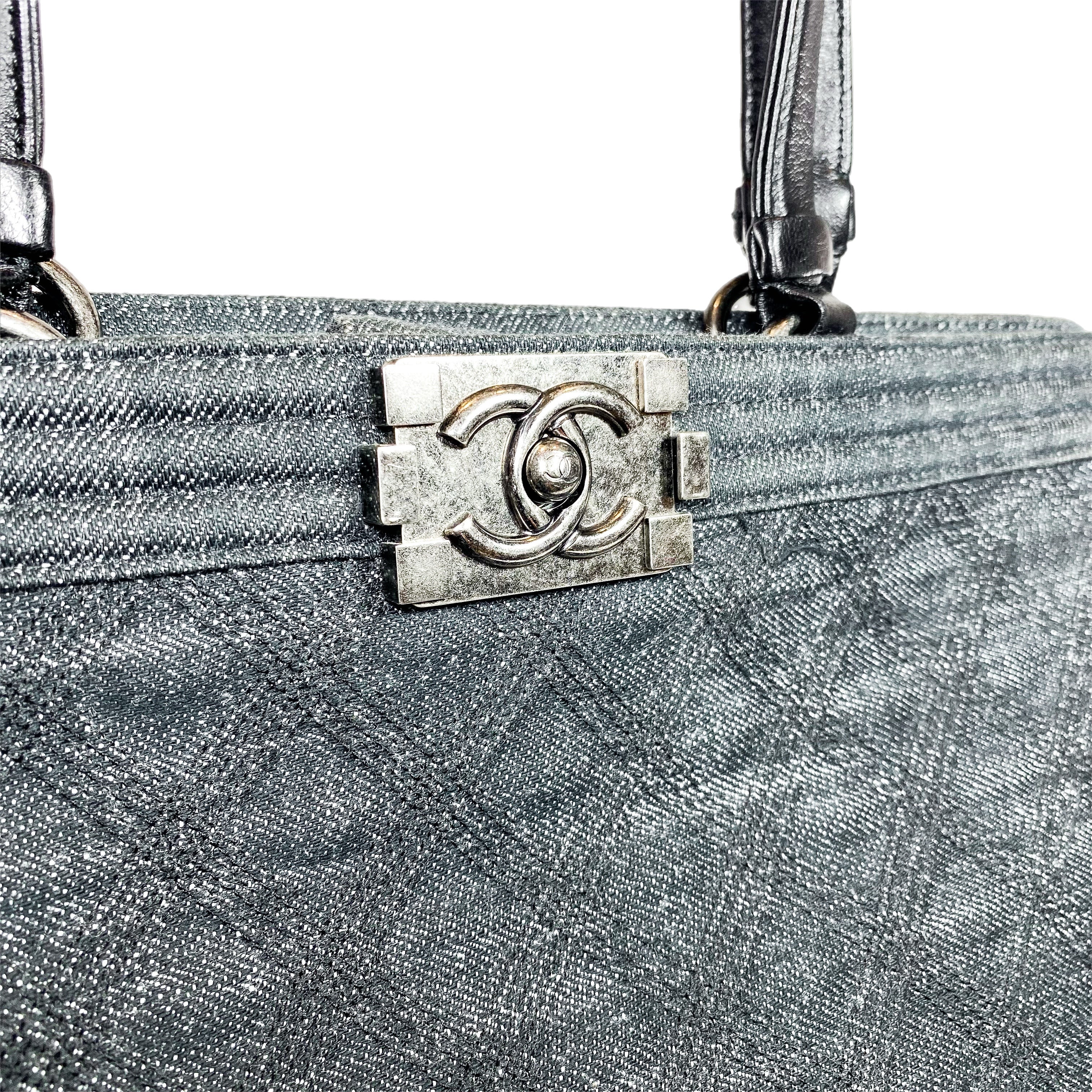 Chanel Black Denim Quilted Boy Shopping Tote