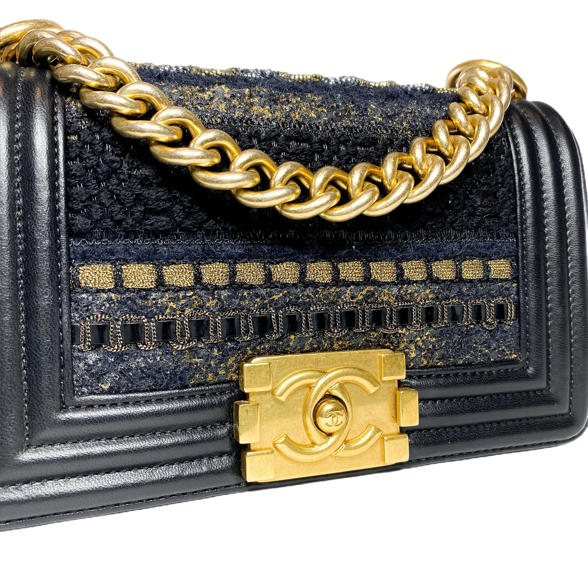 Chanel Black Embellished Tweed Small Boy Bag