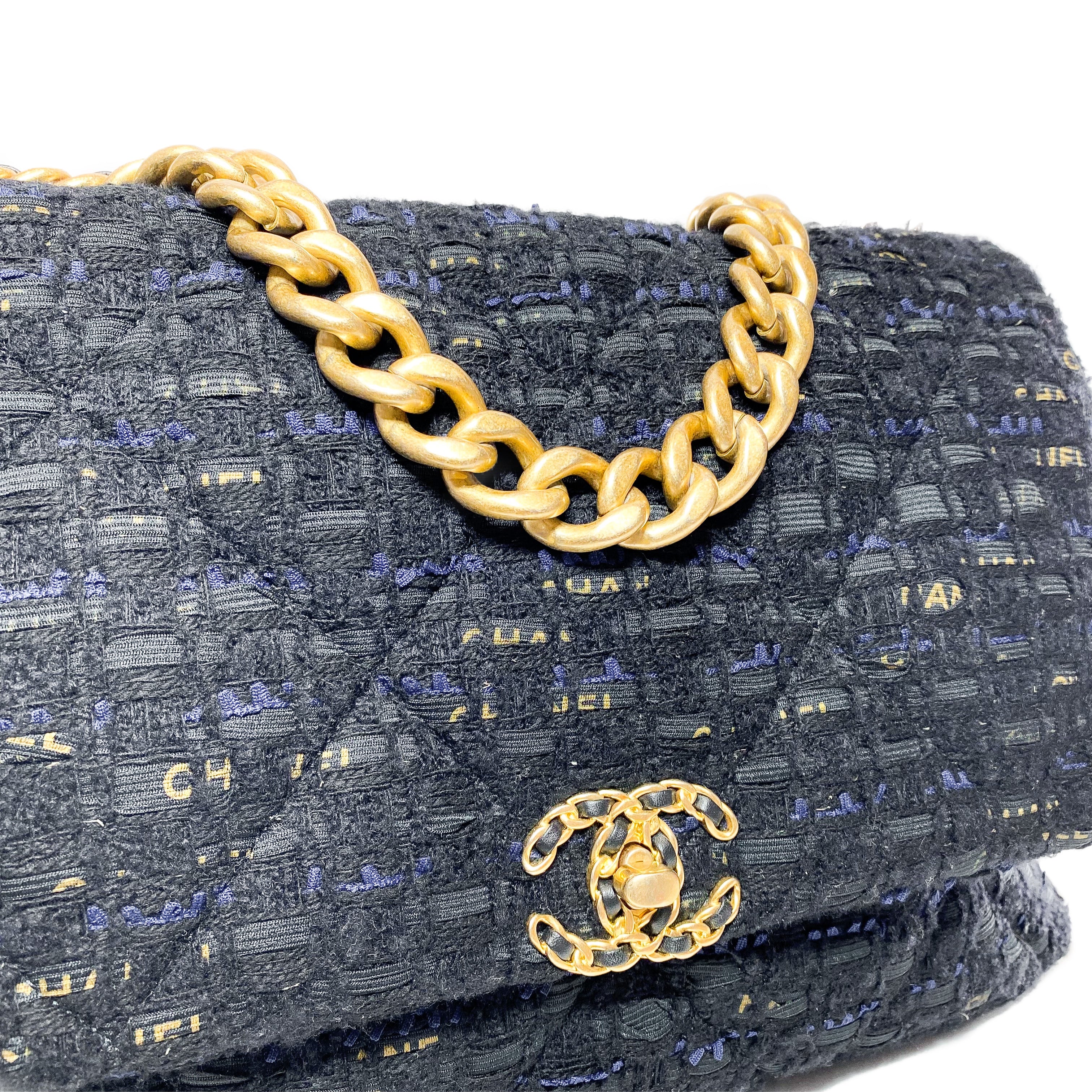 Chanel 19 Maxi Navy Black Tweed Flap Bag