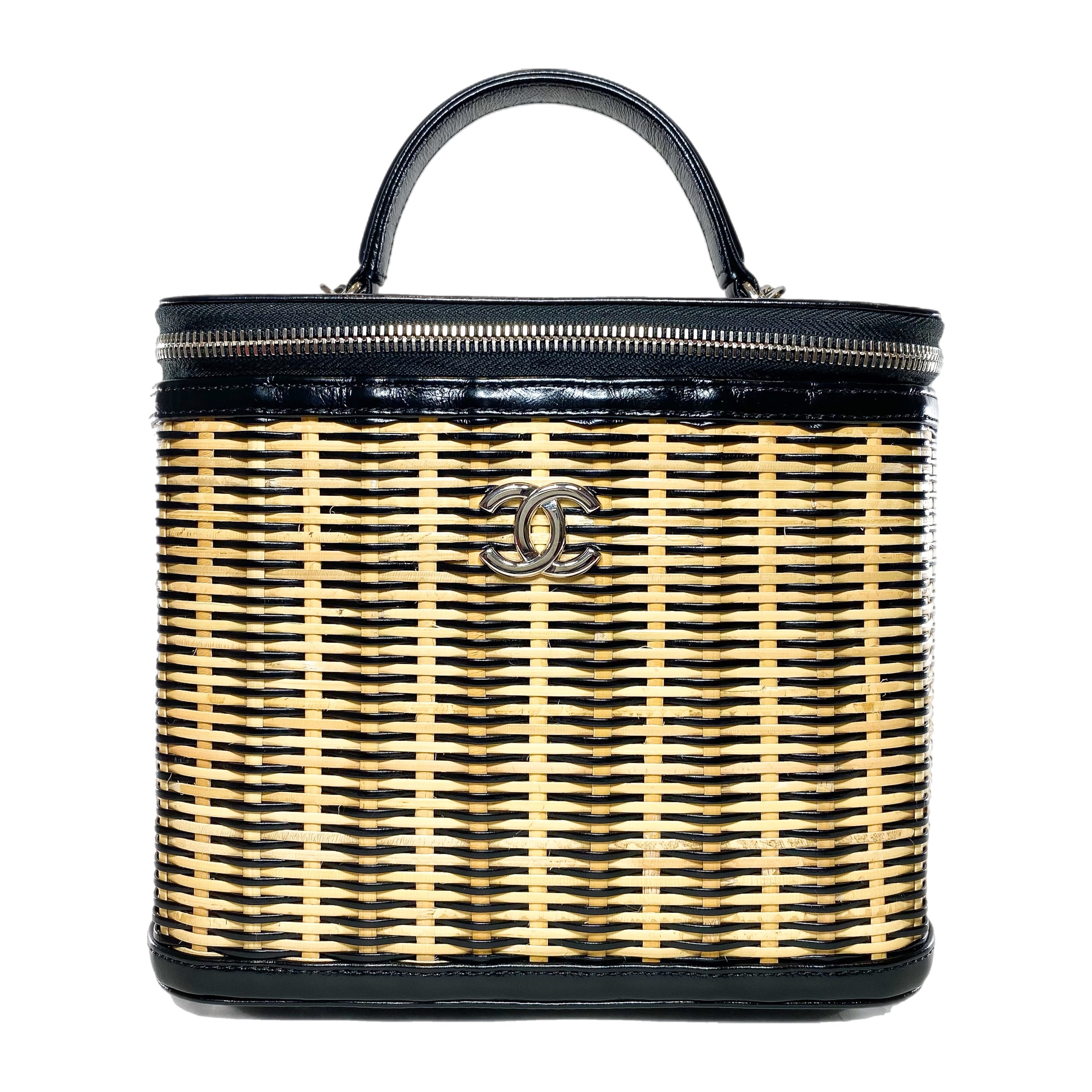 Chanel Beige Black Glazed Calfskin Raffia Take Away Vanity Case