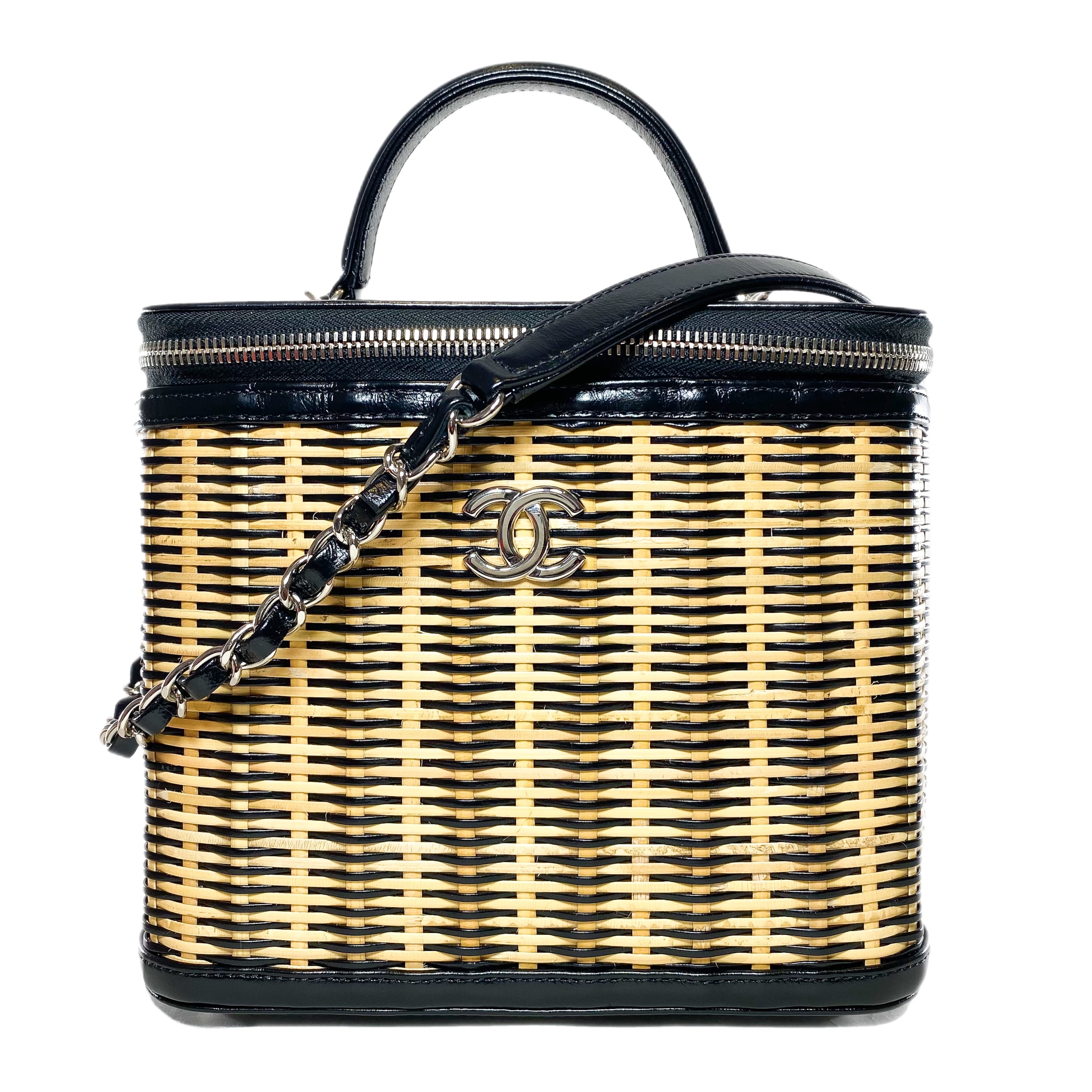 Chanel Beige Black Glazed Calfskin Raffia Take Away Vanity Case