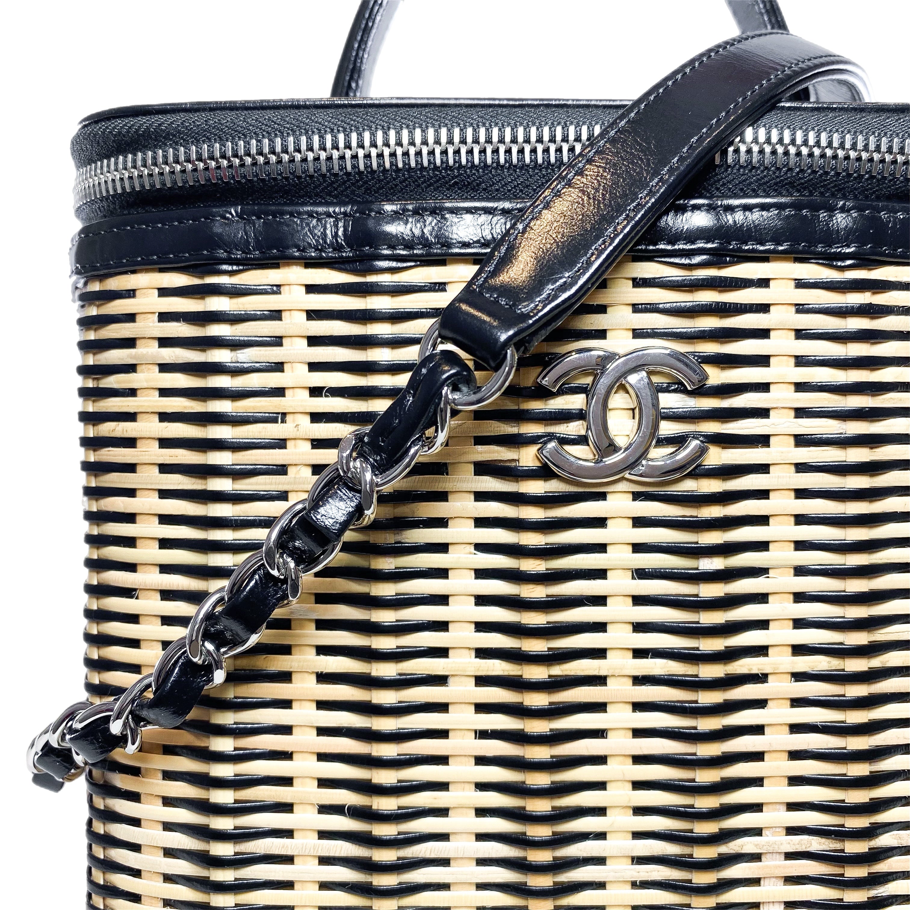 Chanel Beige Black Glazed Calfskin Raffia Take Away Vanity Case