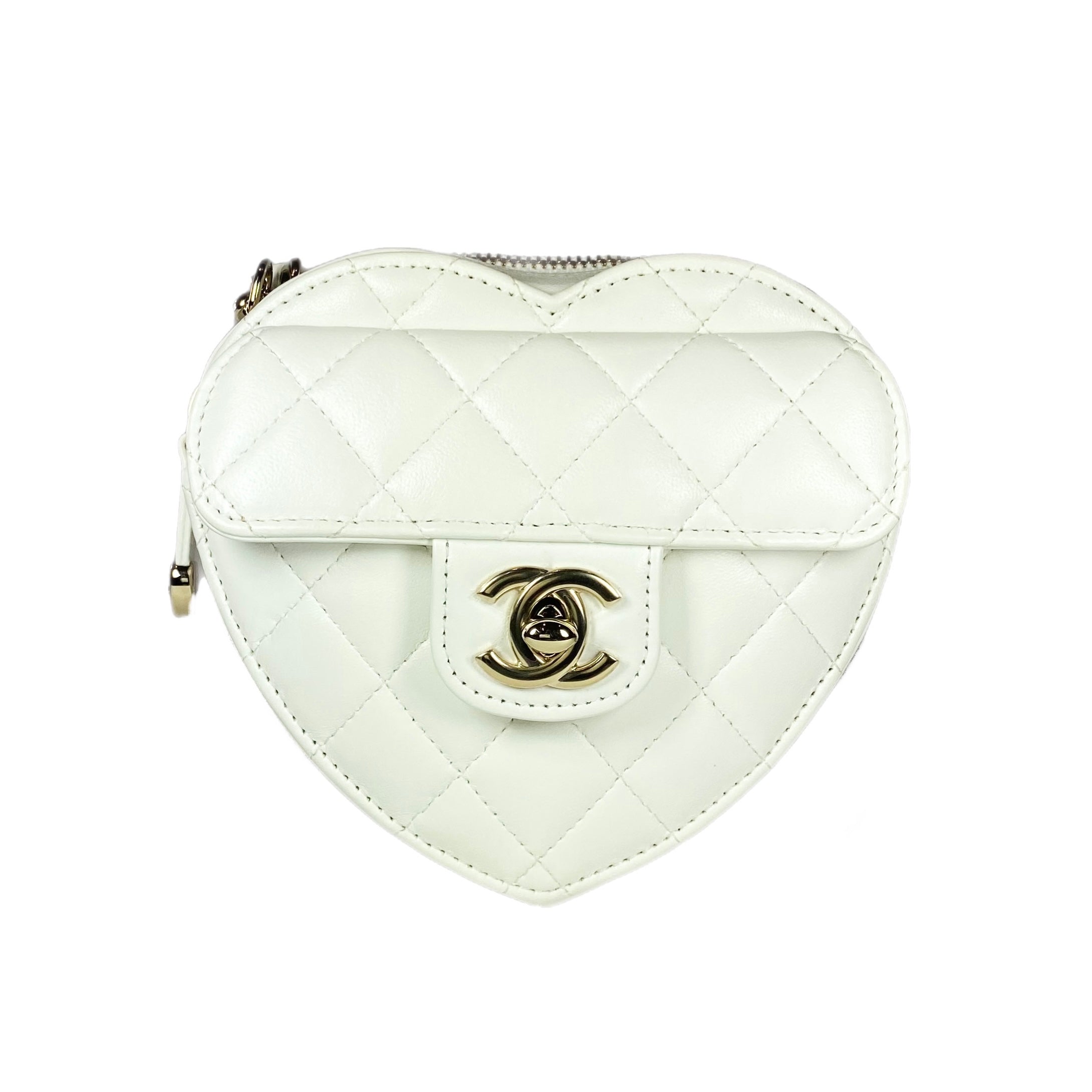 Chanel Black, White 2023 Quilted CC Heart Clutch w/ Chain