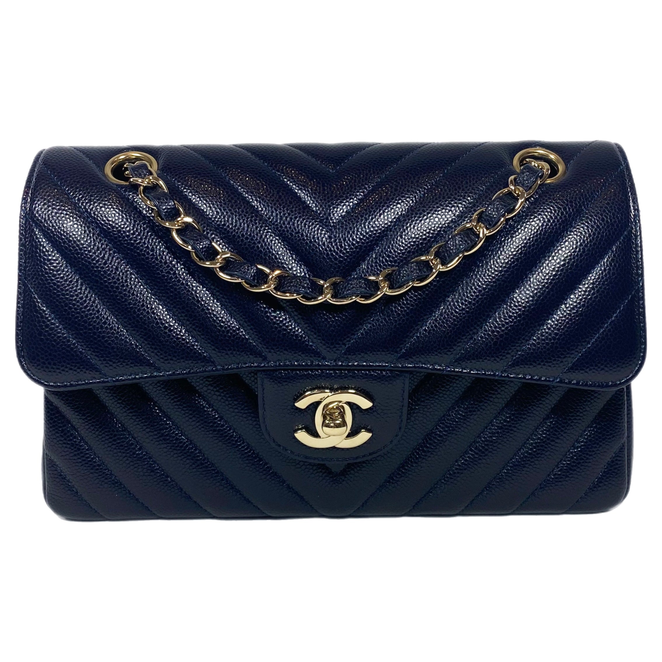 Chanel Navy Caviar Chevron Small Flap Bag