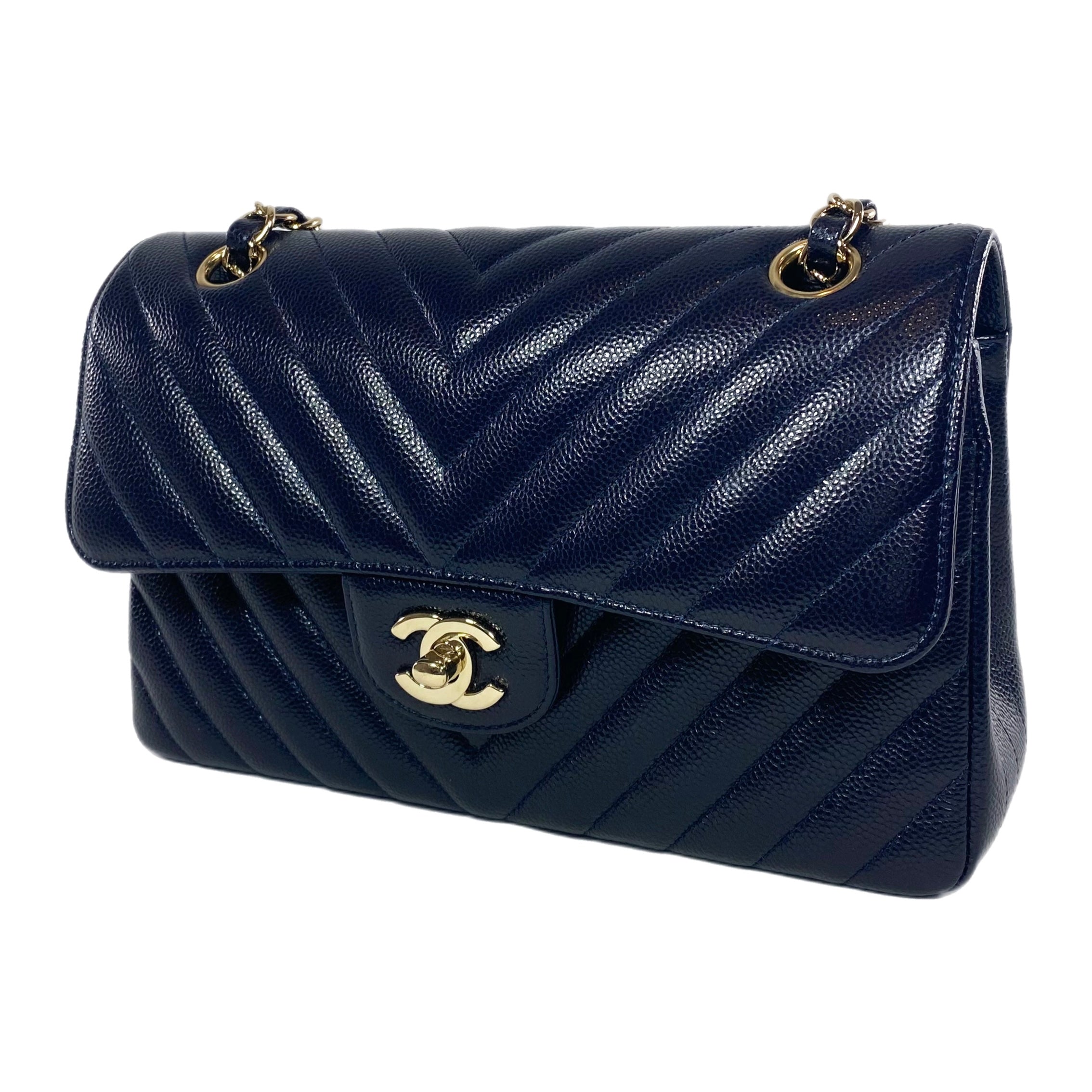 Chanel Navy Caviar Chevron Small Flap Bag