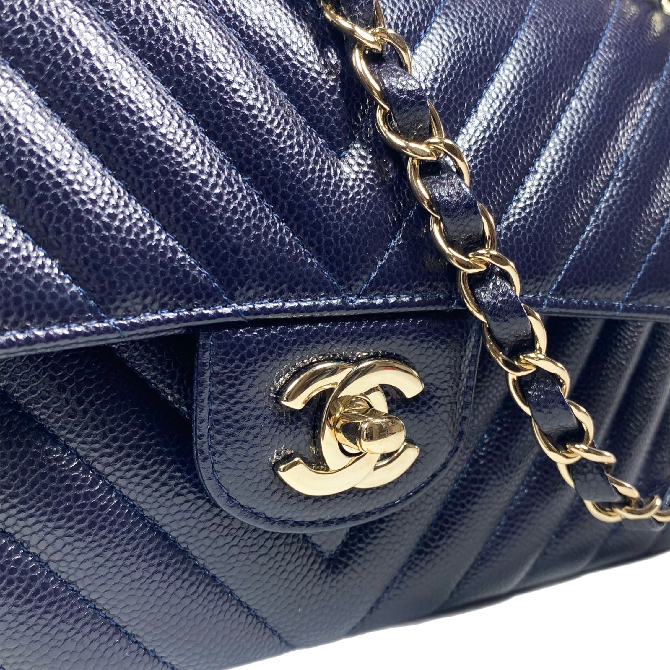 Chanel Navy Caviar Chevron Small Flap Bag