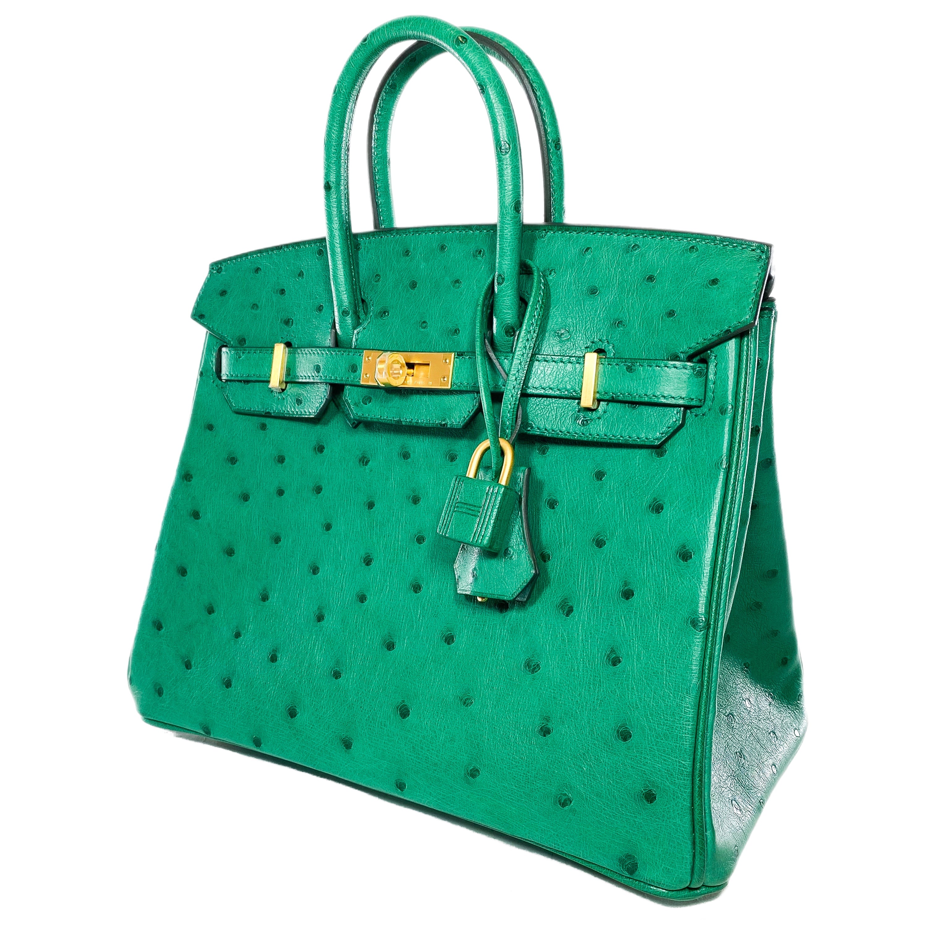 Hermes Birkin 25 Malachite Ostrich Special Order Horseshoe Stamp Brushed Gold Hardware