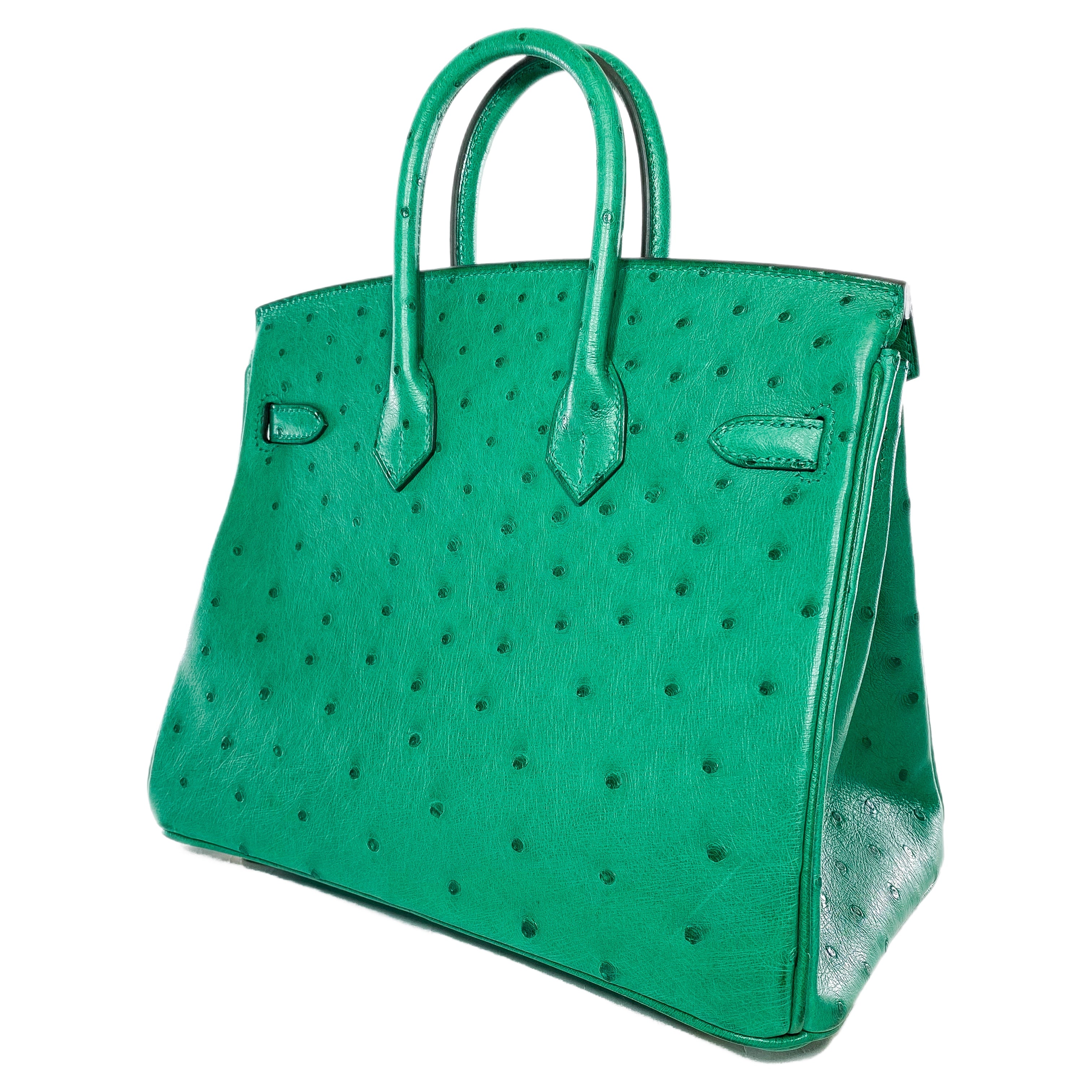 Hermes Birkin 25 Malachite Ostrich Special Order Horseshoe Stamp Brushed Gold Hardware