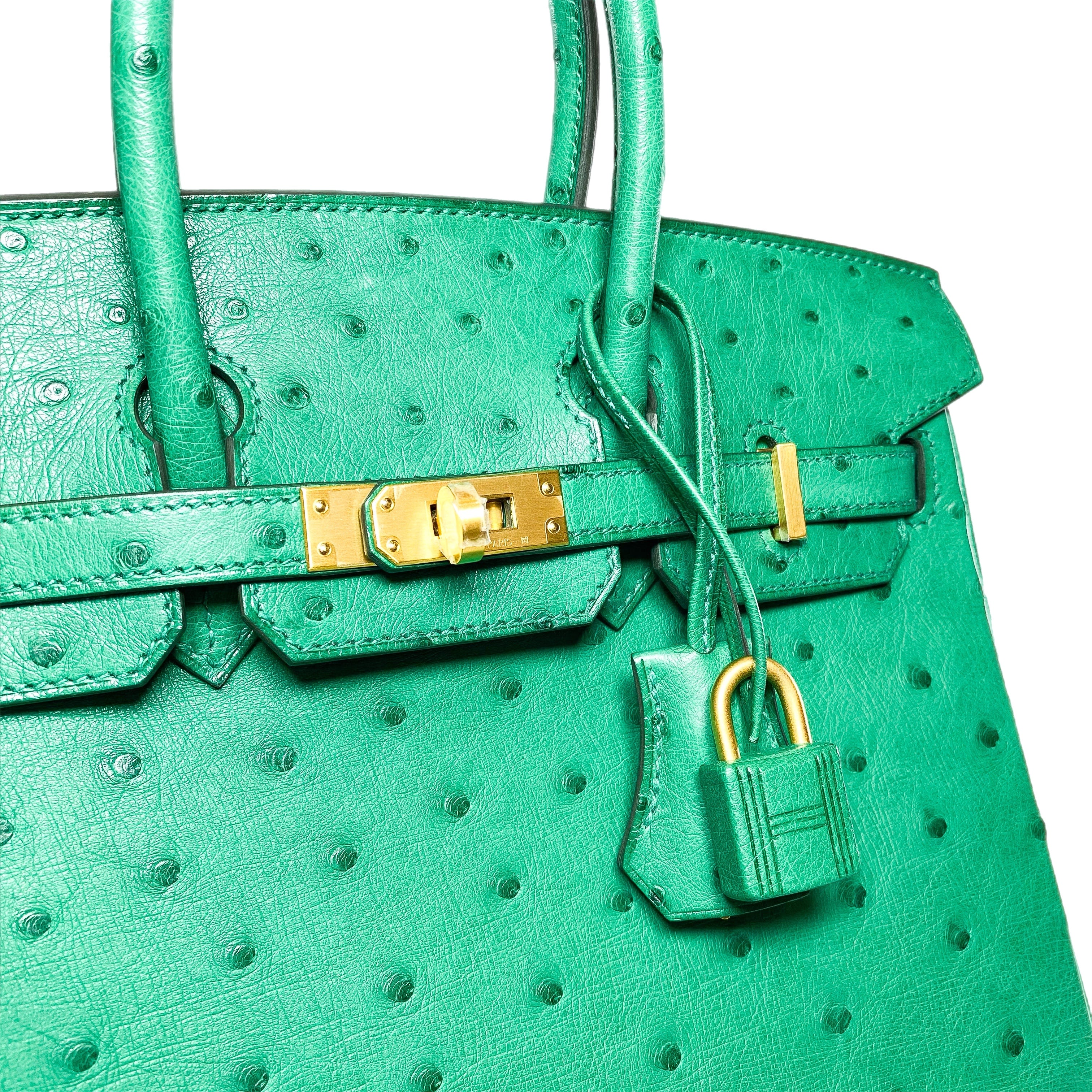 Hermes Birkin 25 Malachite Ostrich Special Order Horseshoe Stamp Brushed Gold Hardware