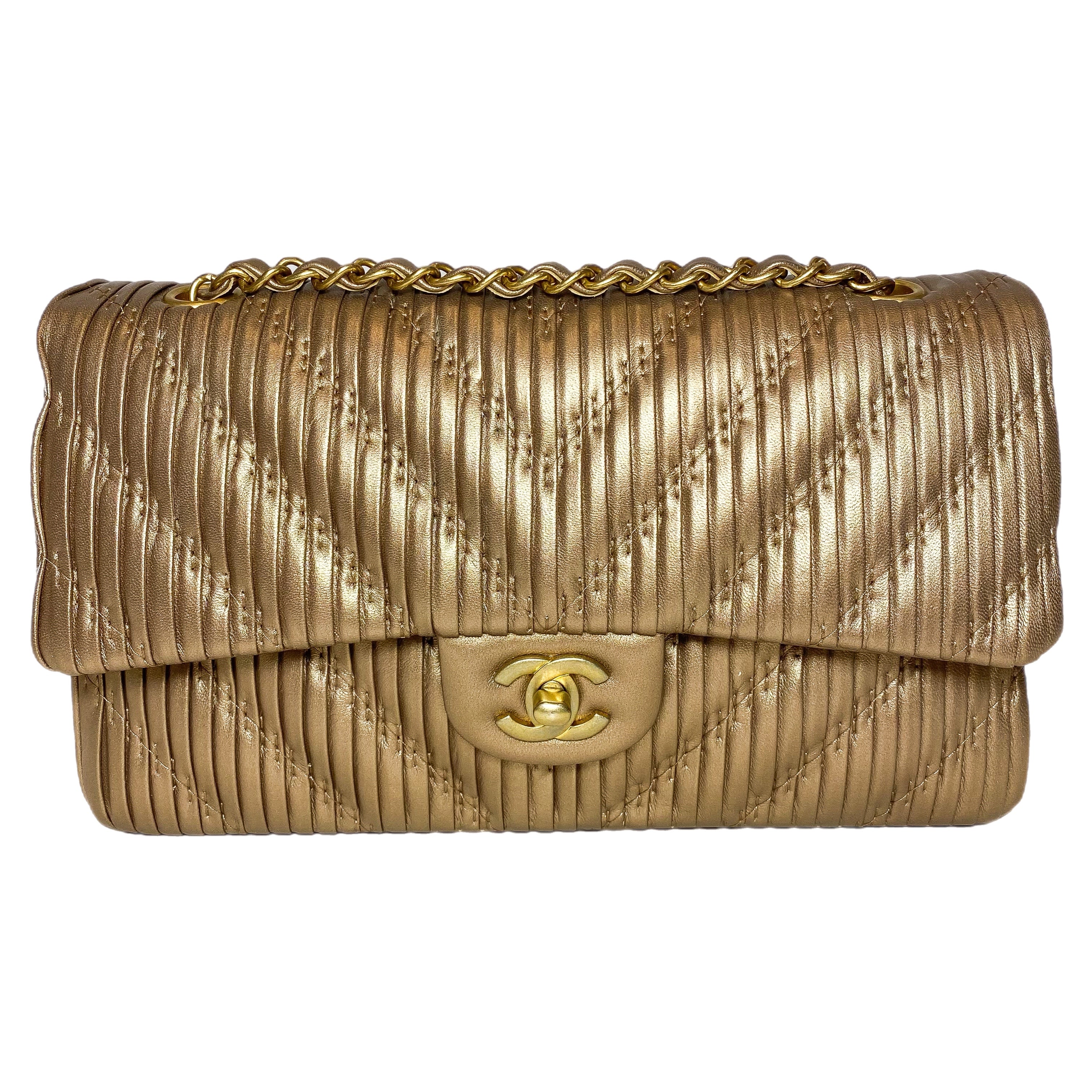 Chanel Gold Metallic Plisse Medium Double Flap Bag