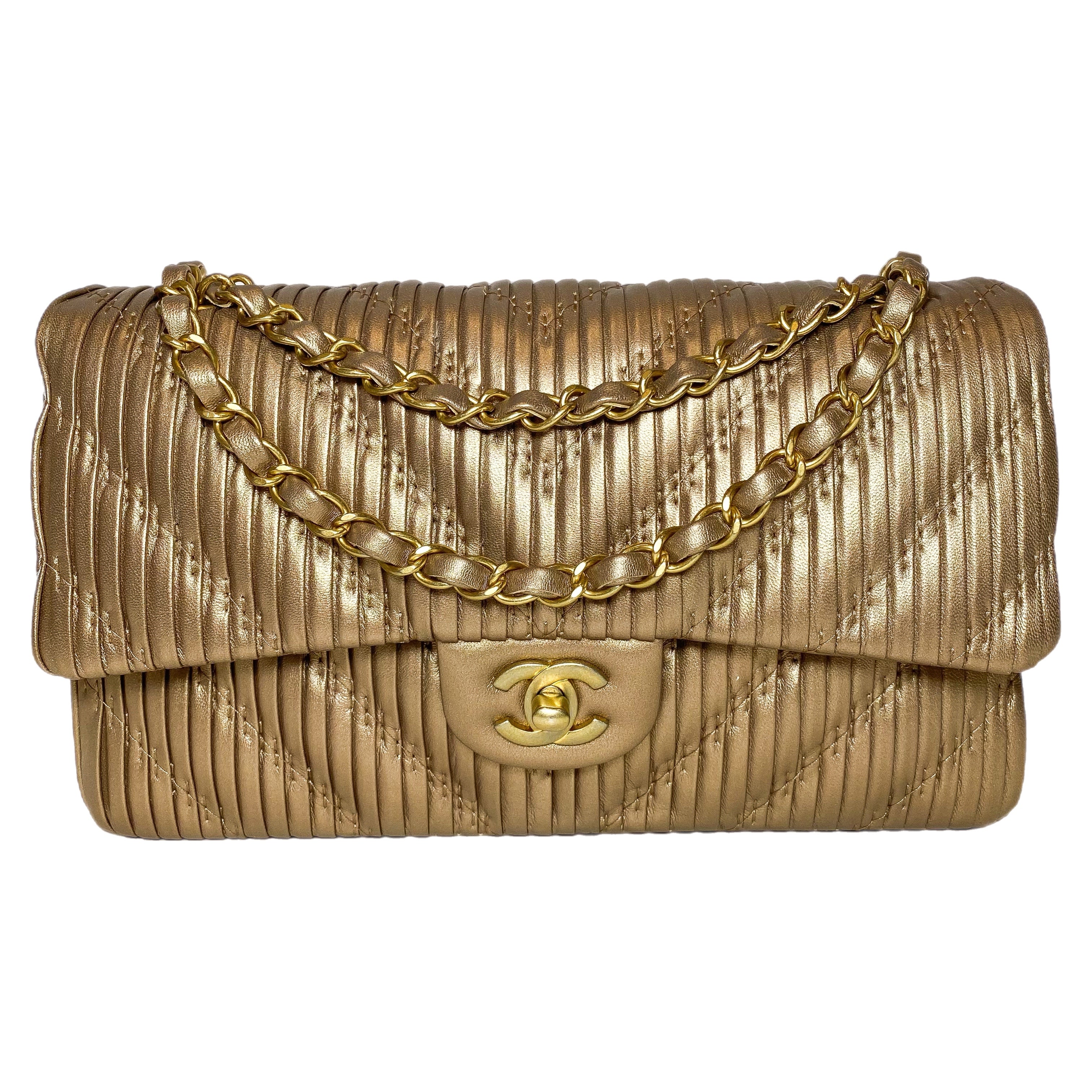 Chanel Gold Metallic Plisse Medium Double Flap Bag