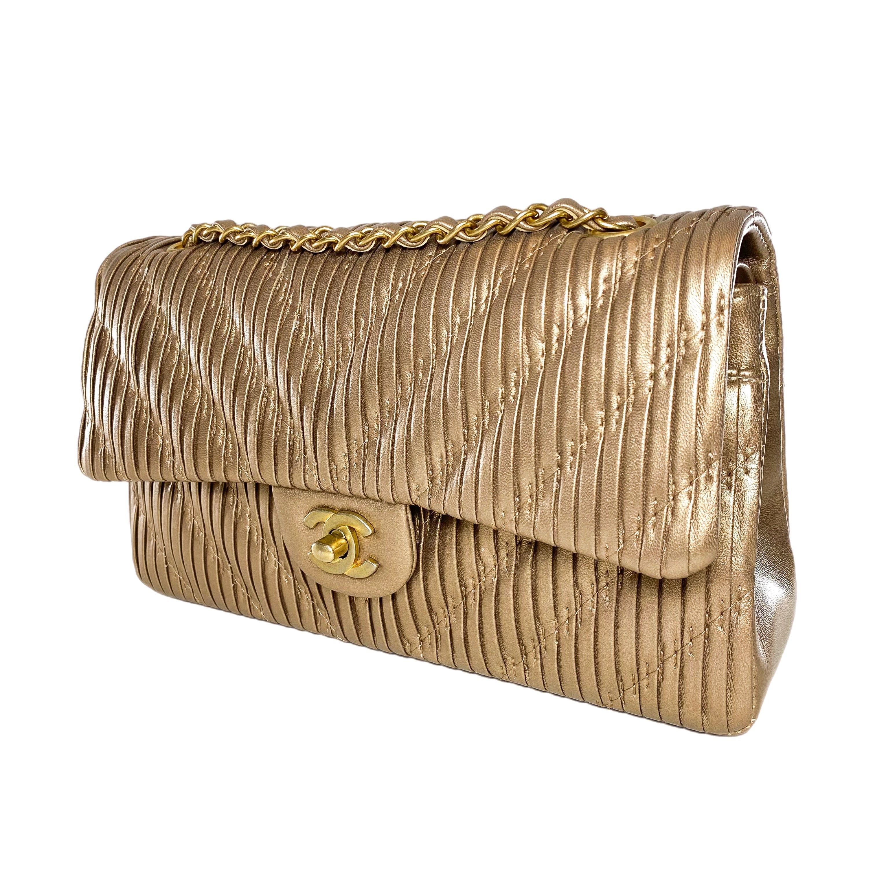 Chanel Gold Metallic Plisse Medium Double Flap Bag