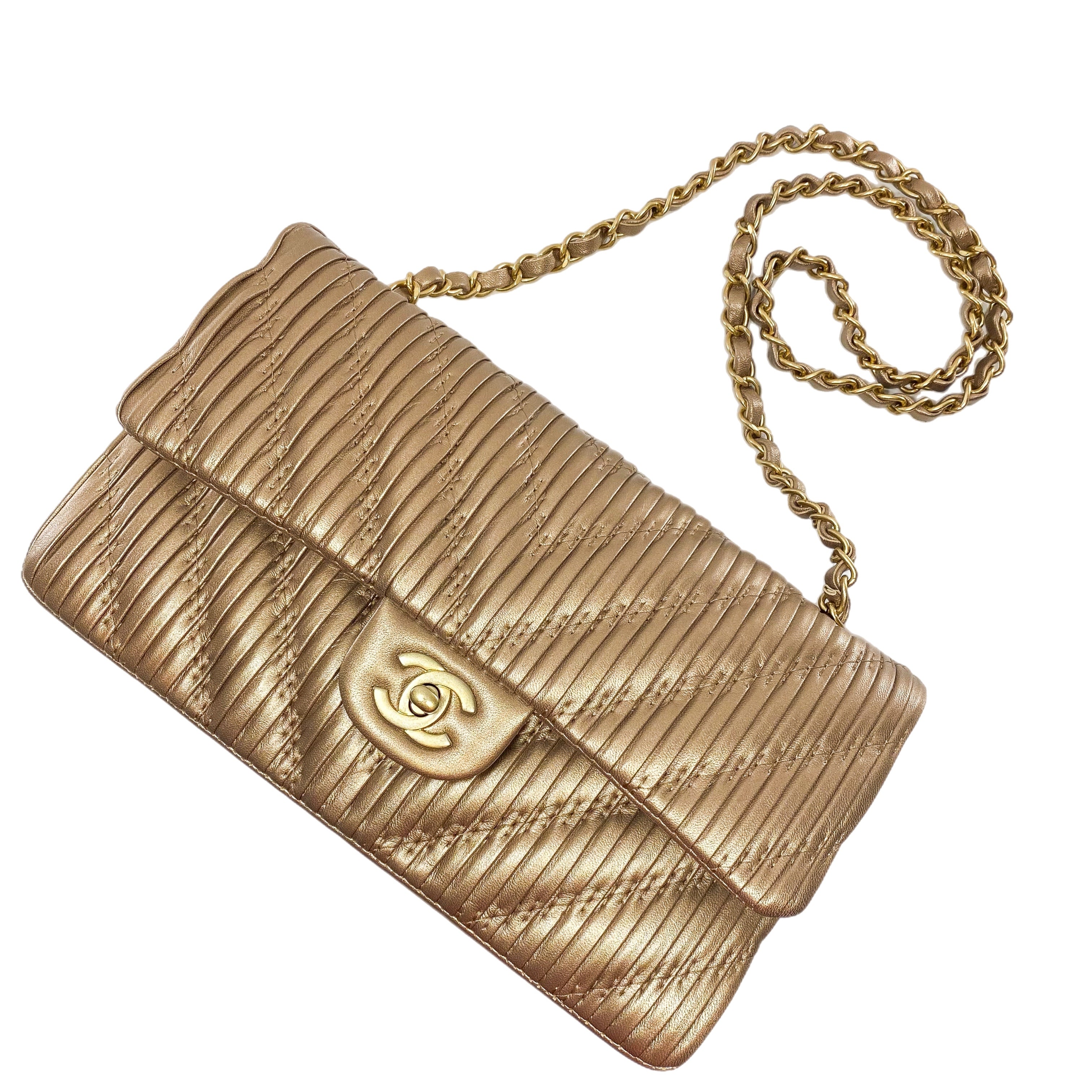 Chanel Gold Metallic Plisse Medium Double Flap Bag