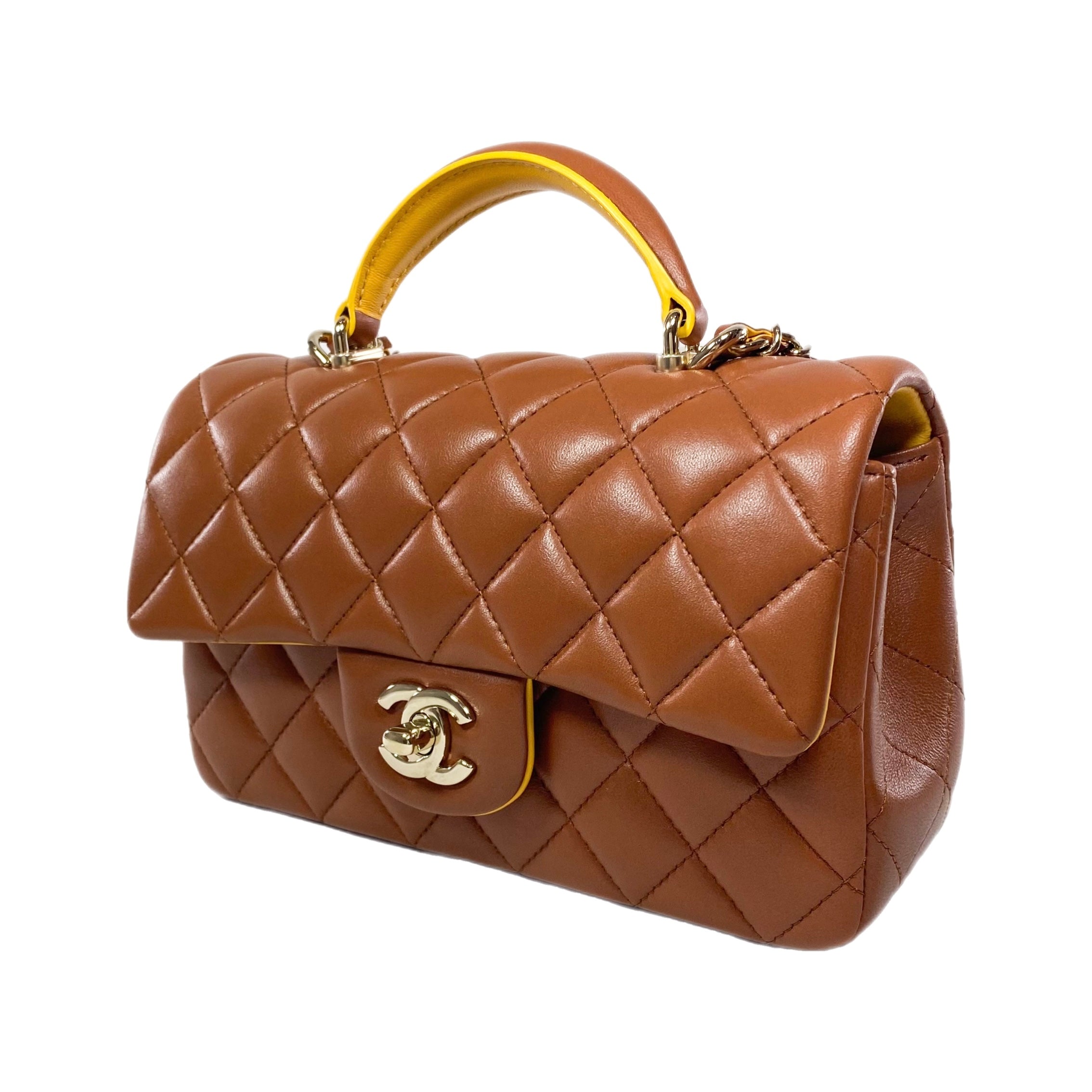 Chanel Quilted Lambskin Brown and Yellow Mini Top Handle Flap Bag