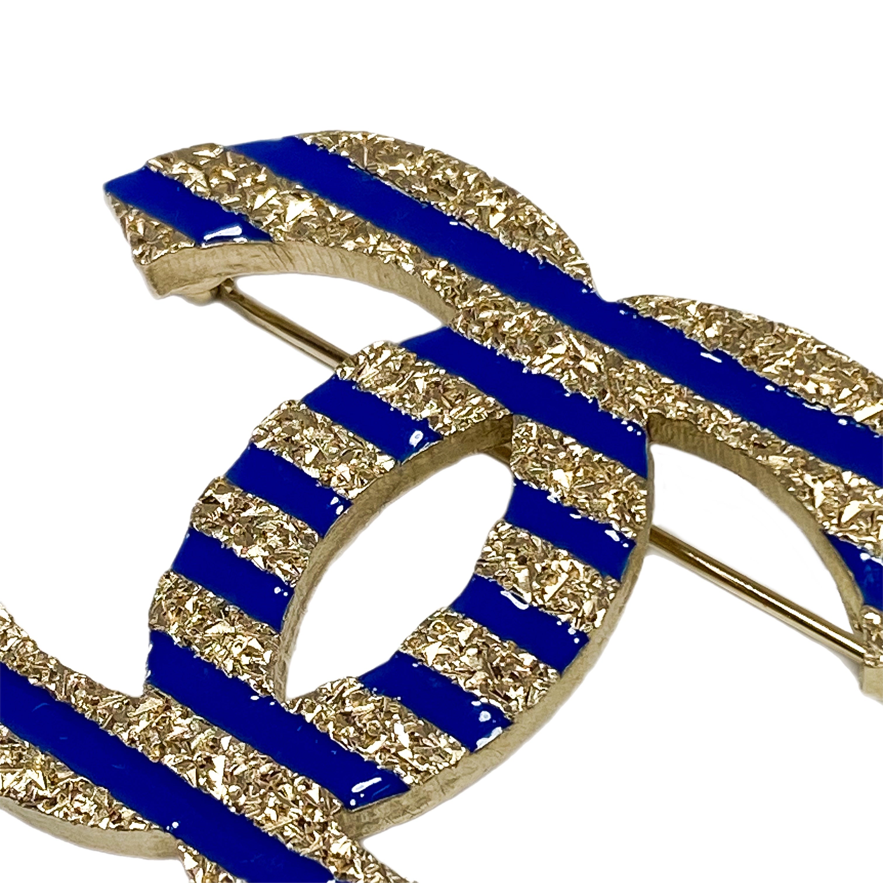 Chanel Blue Gold Striped CC Brooch