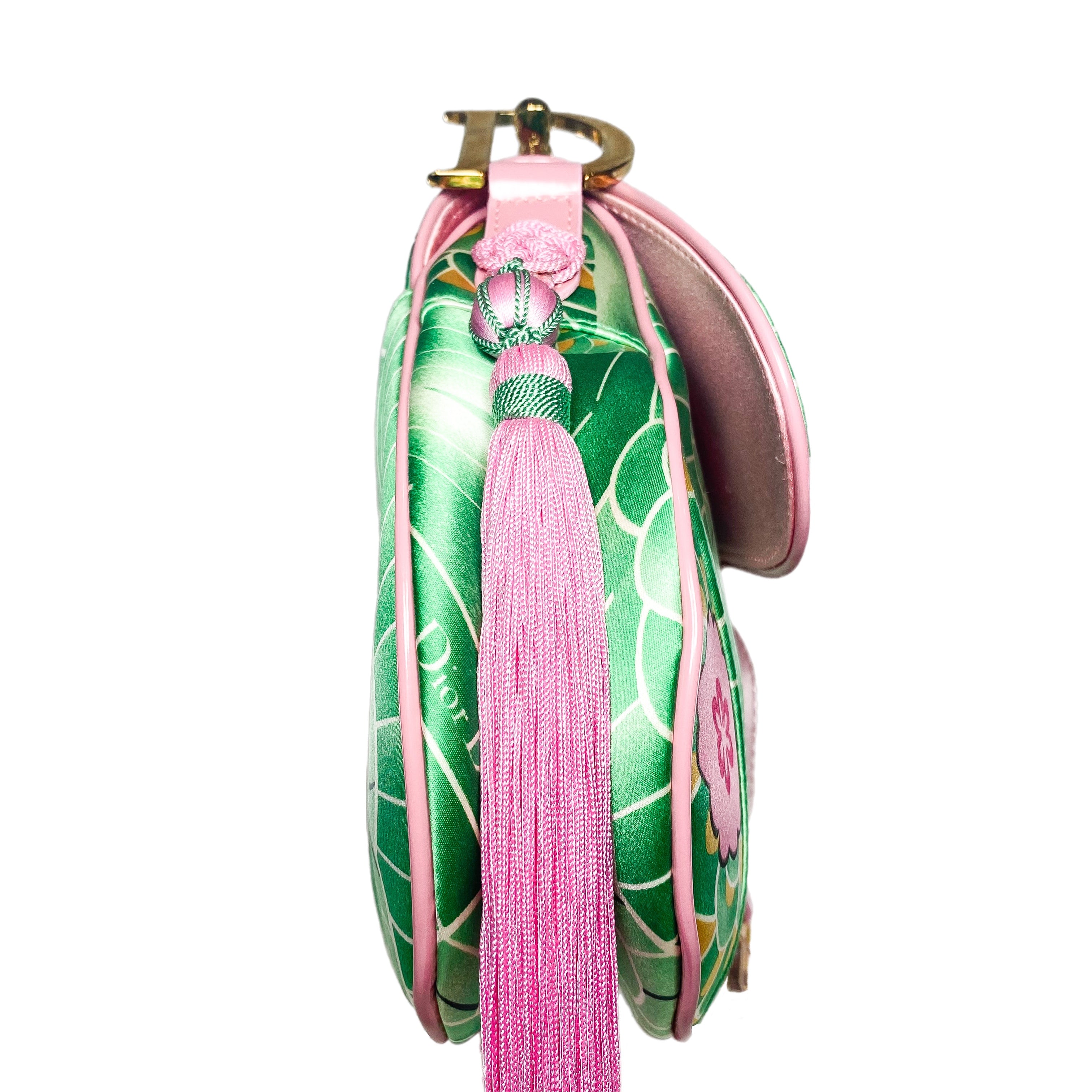 Dior Green Pink Satin Tassel Koi Saddle Bag