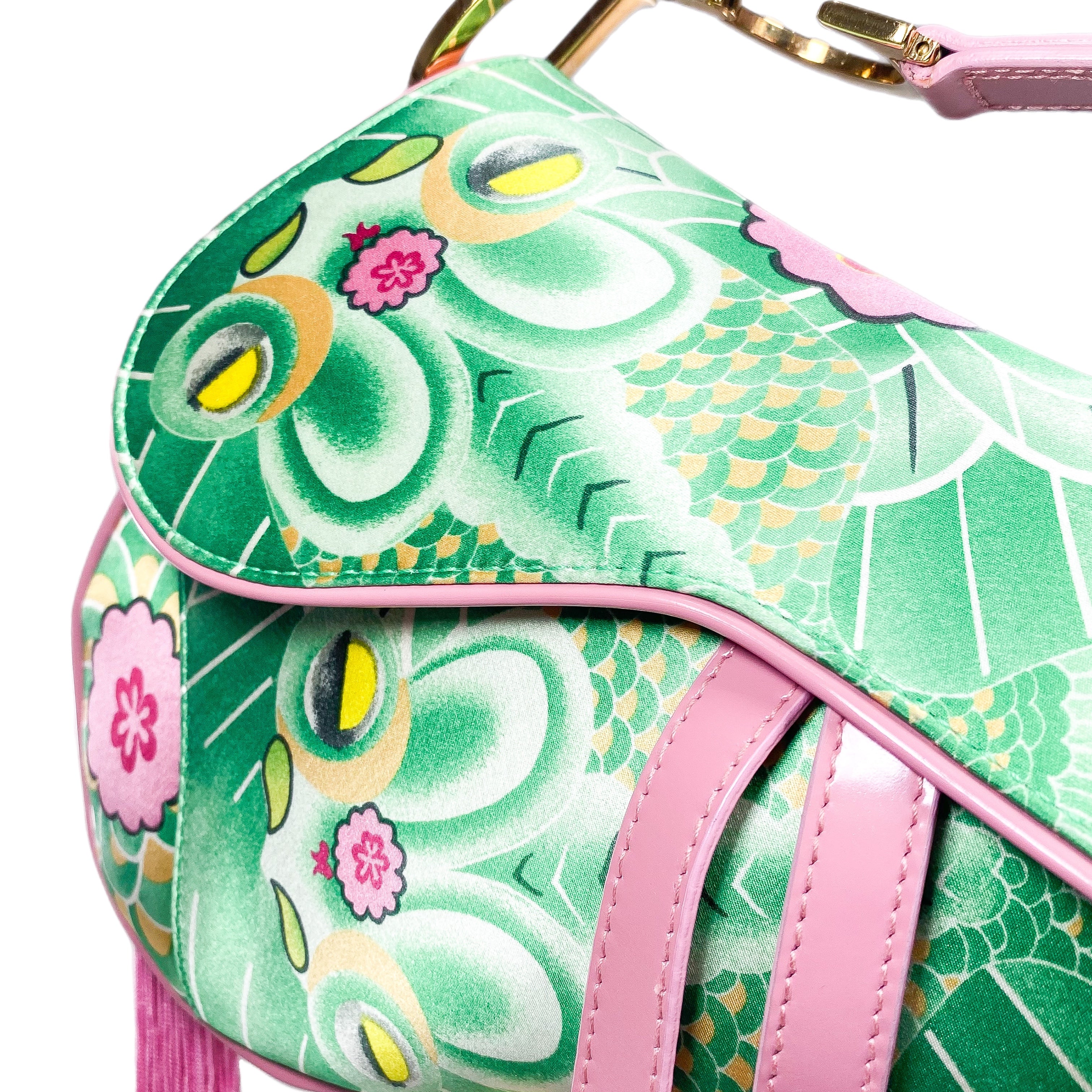 Dior Green Pink Satin Tassel Koi Saddle Bag