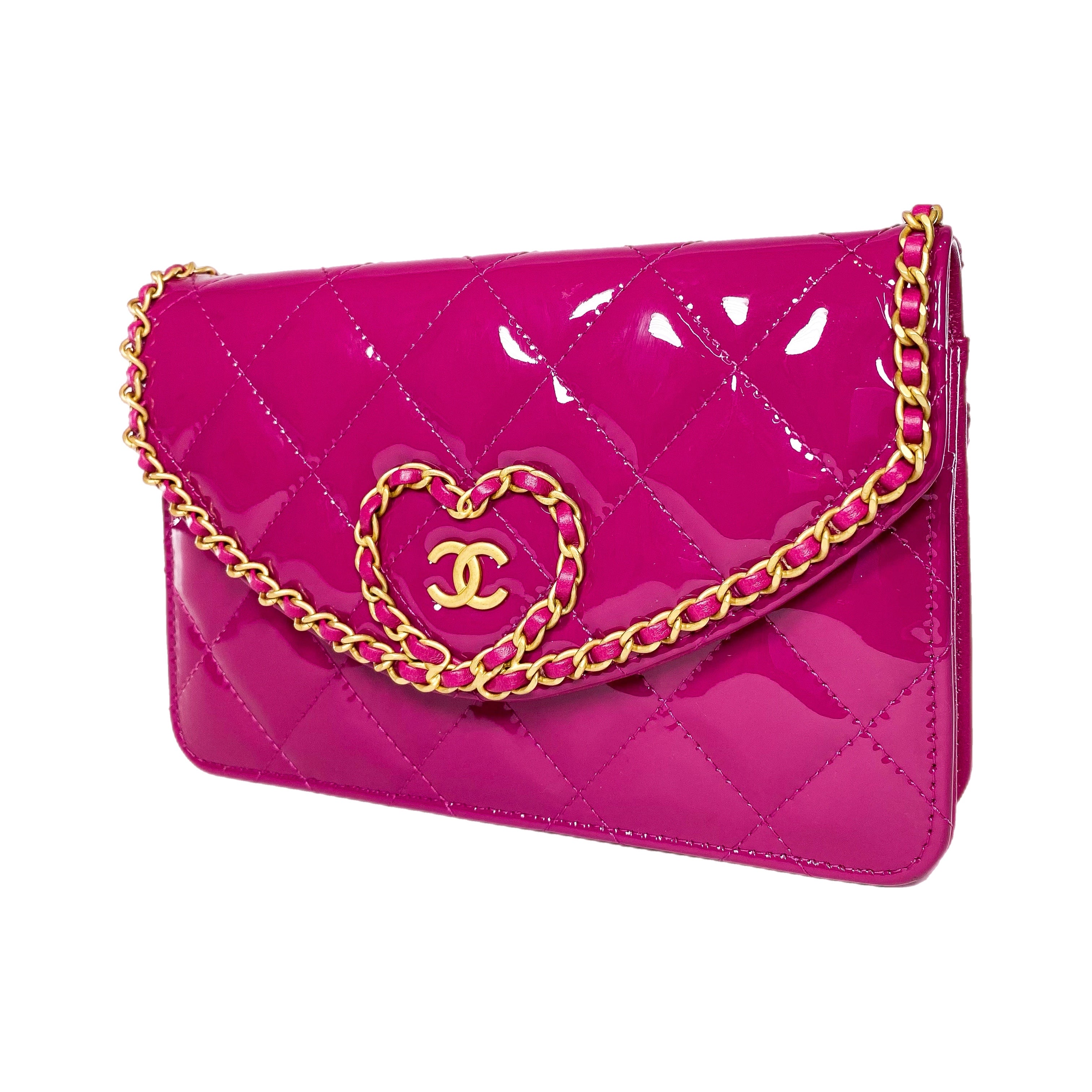 Chanel Fuchsia Patent Chain Heart Wallet on Chain