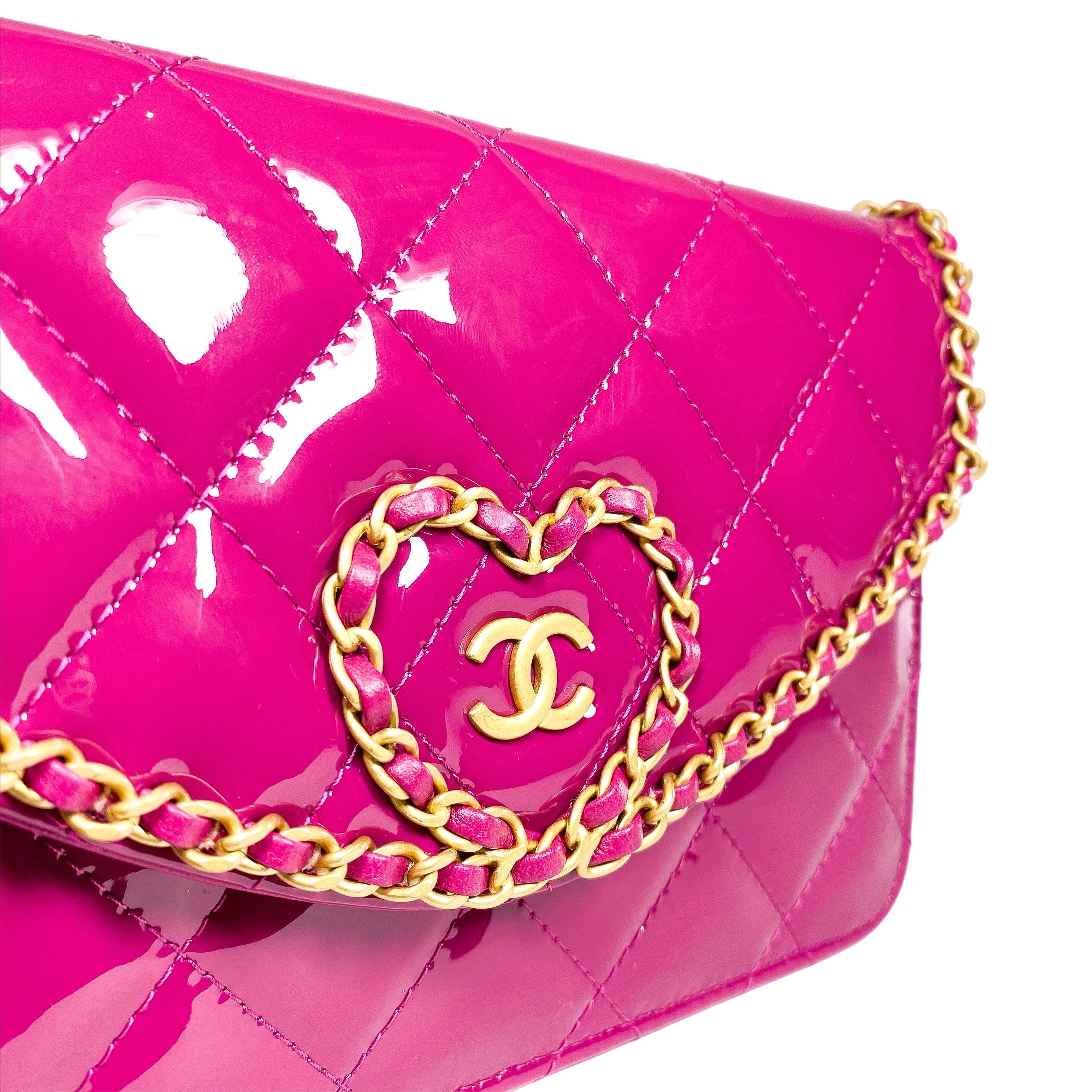 Chanel Fuchsia Patent Chain Heart Wallet on Chain