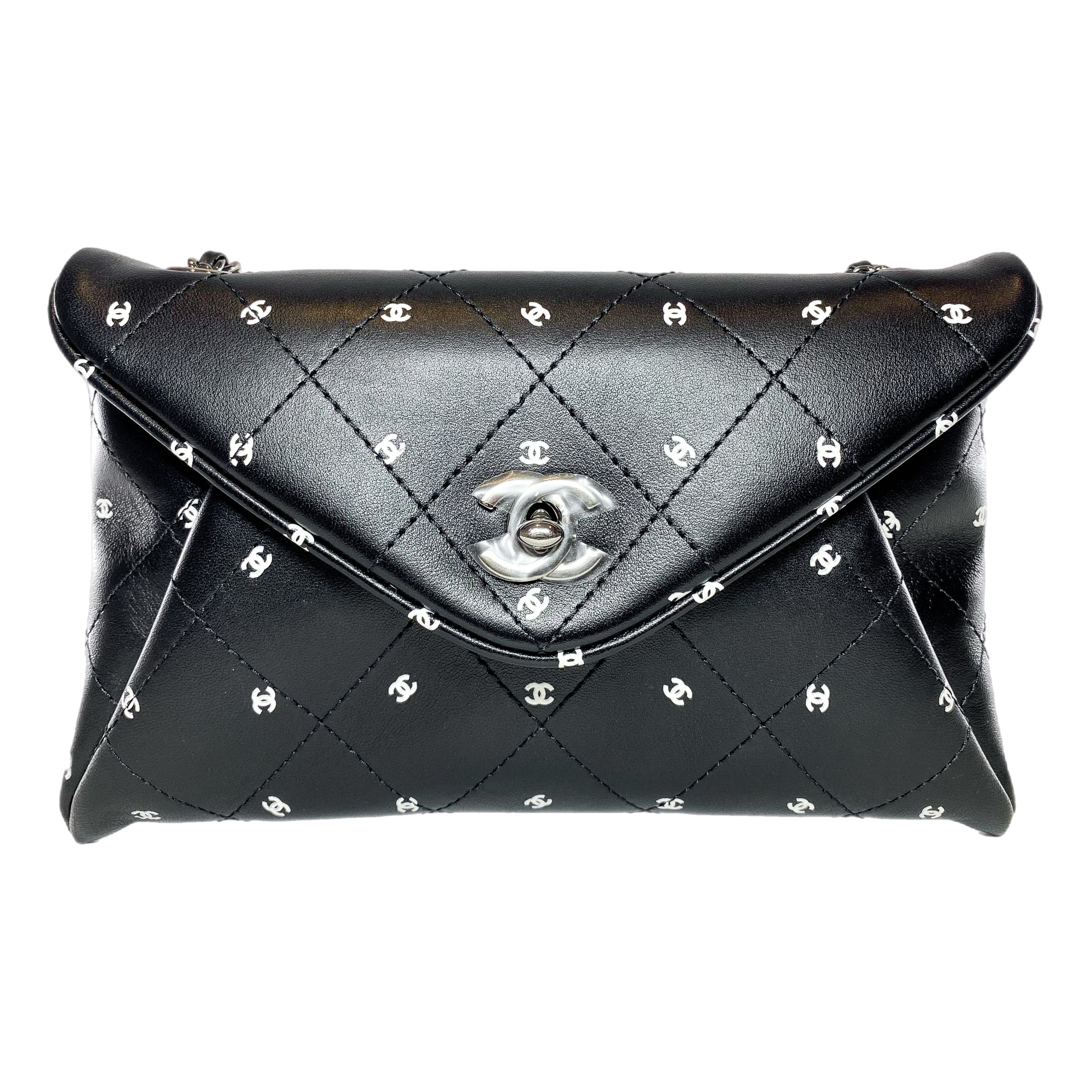 Chanel Black Printed Logo CC Envelope Clutch with Chain