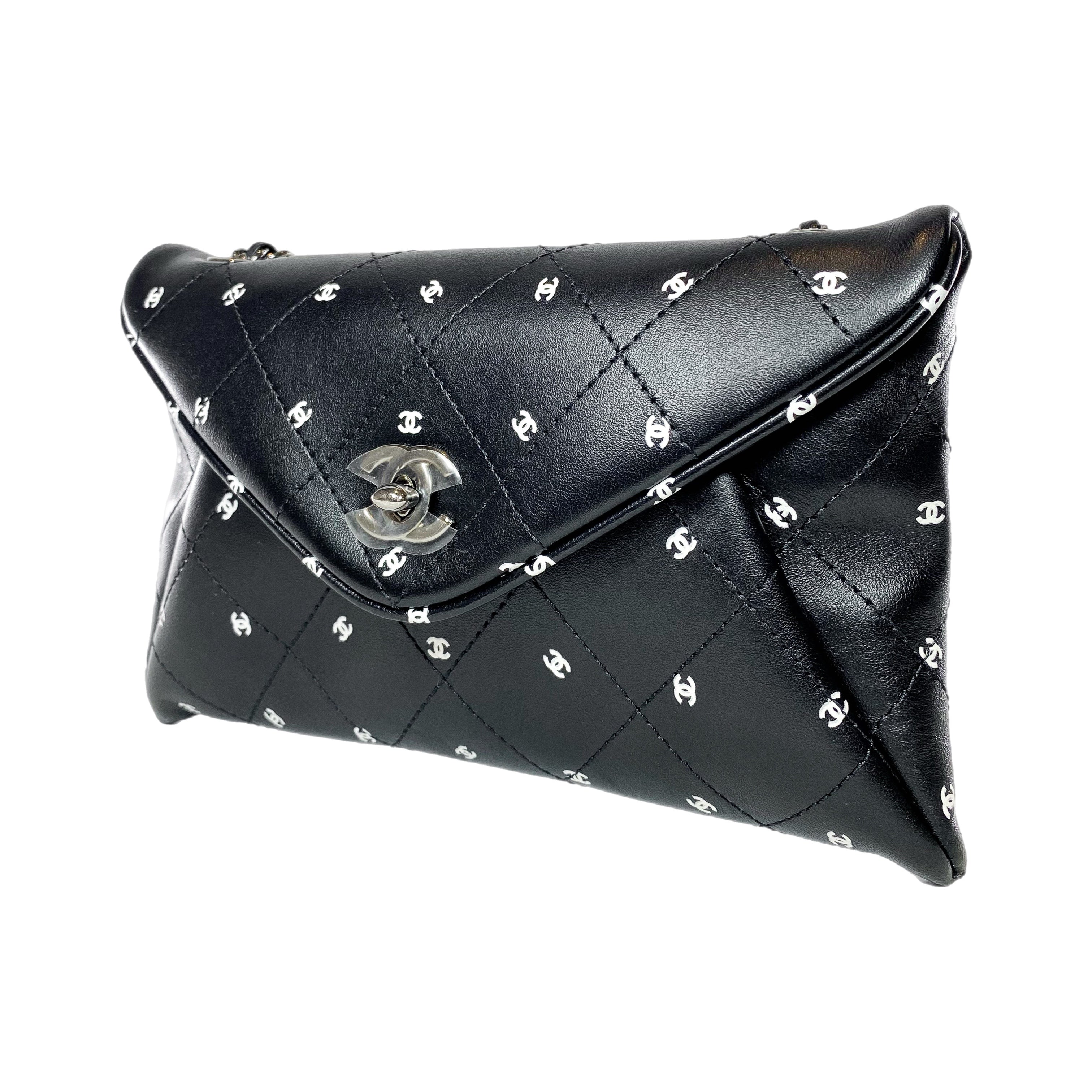 Chanel Black Printed Logo CC Envelope Clutch with Chain