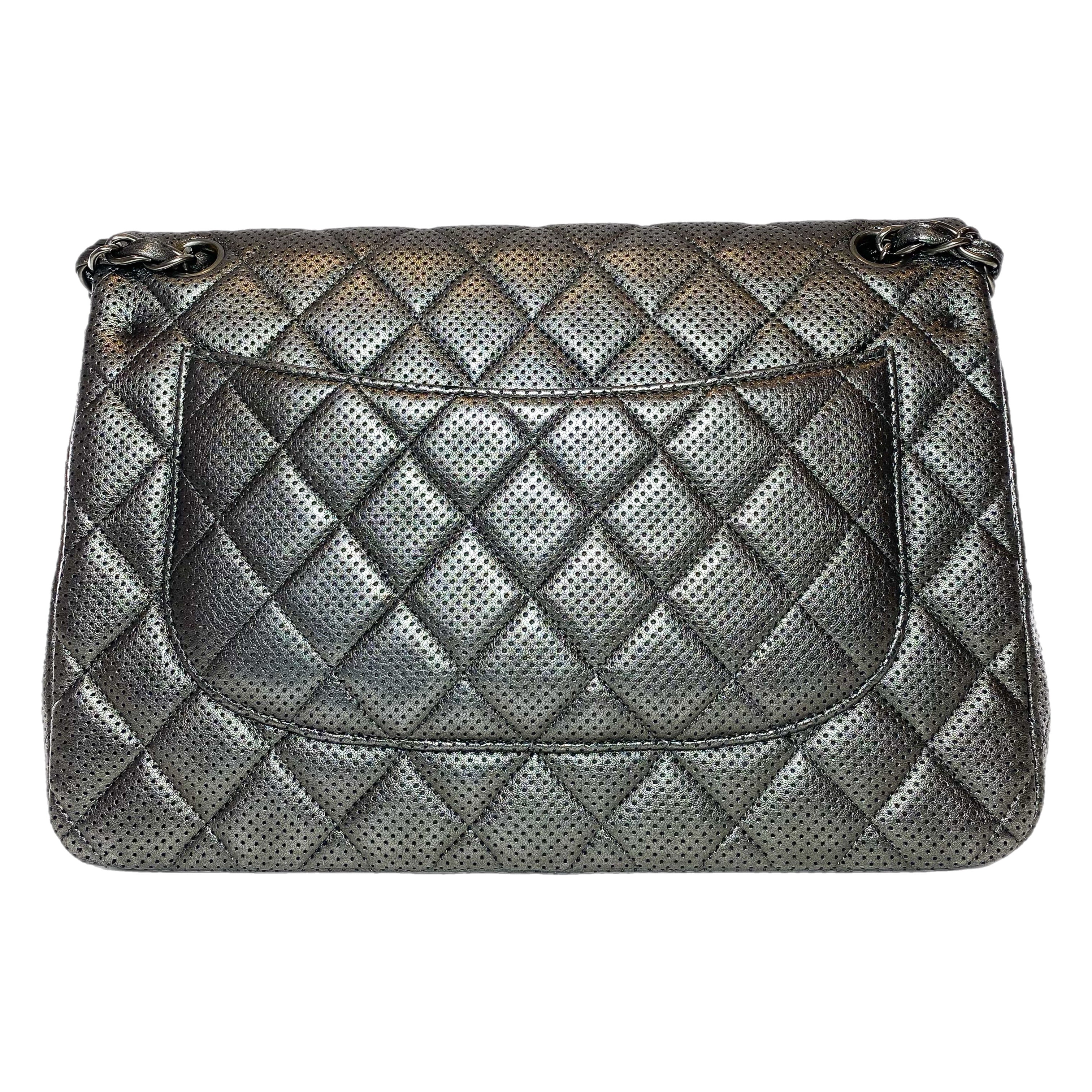 Chanel Dark Silver Perforated Jumbo Double Flap Bag