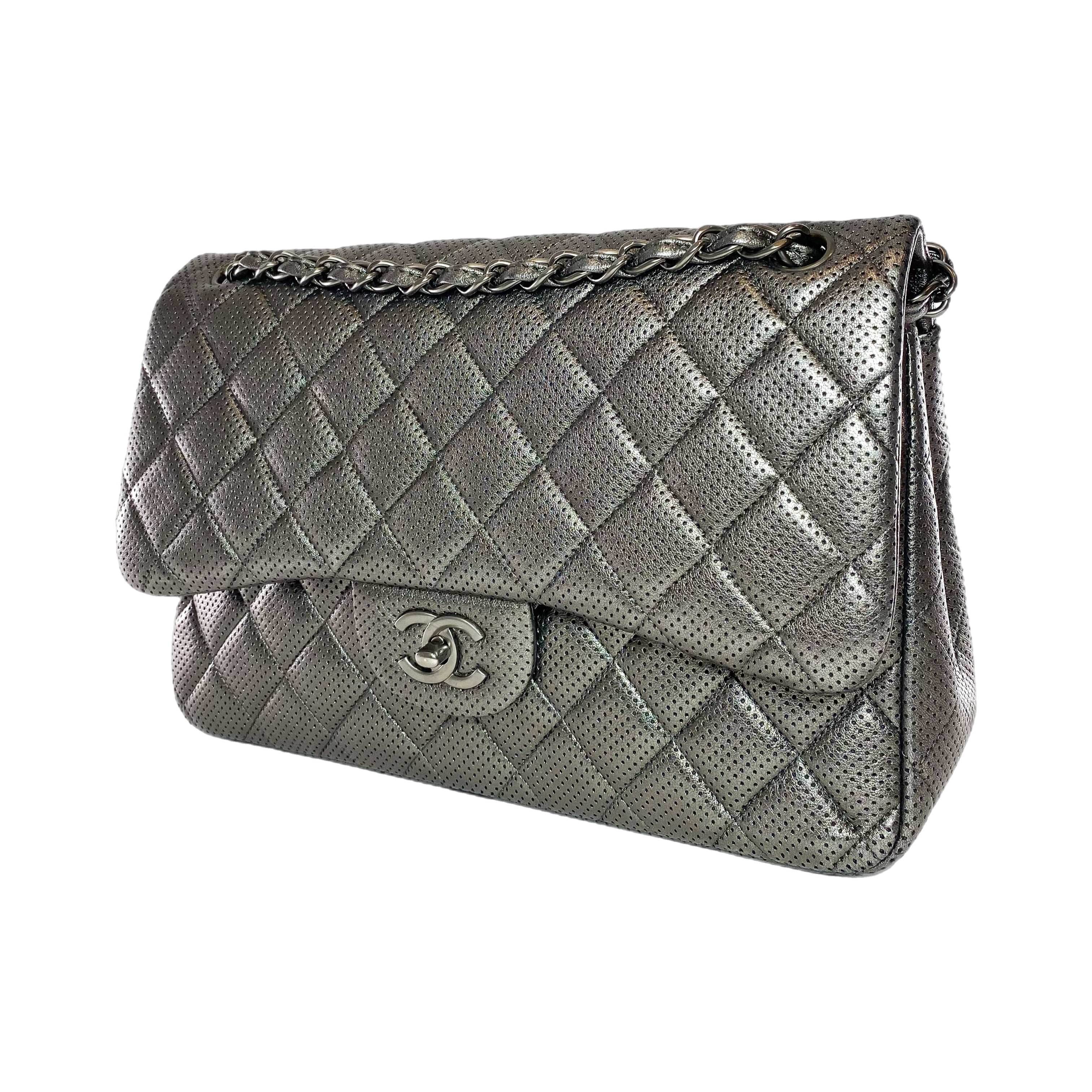 Chanel Dark Silver Perforated Jumbo Double Flap Bag