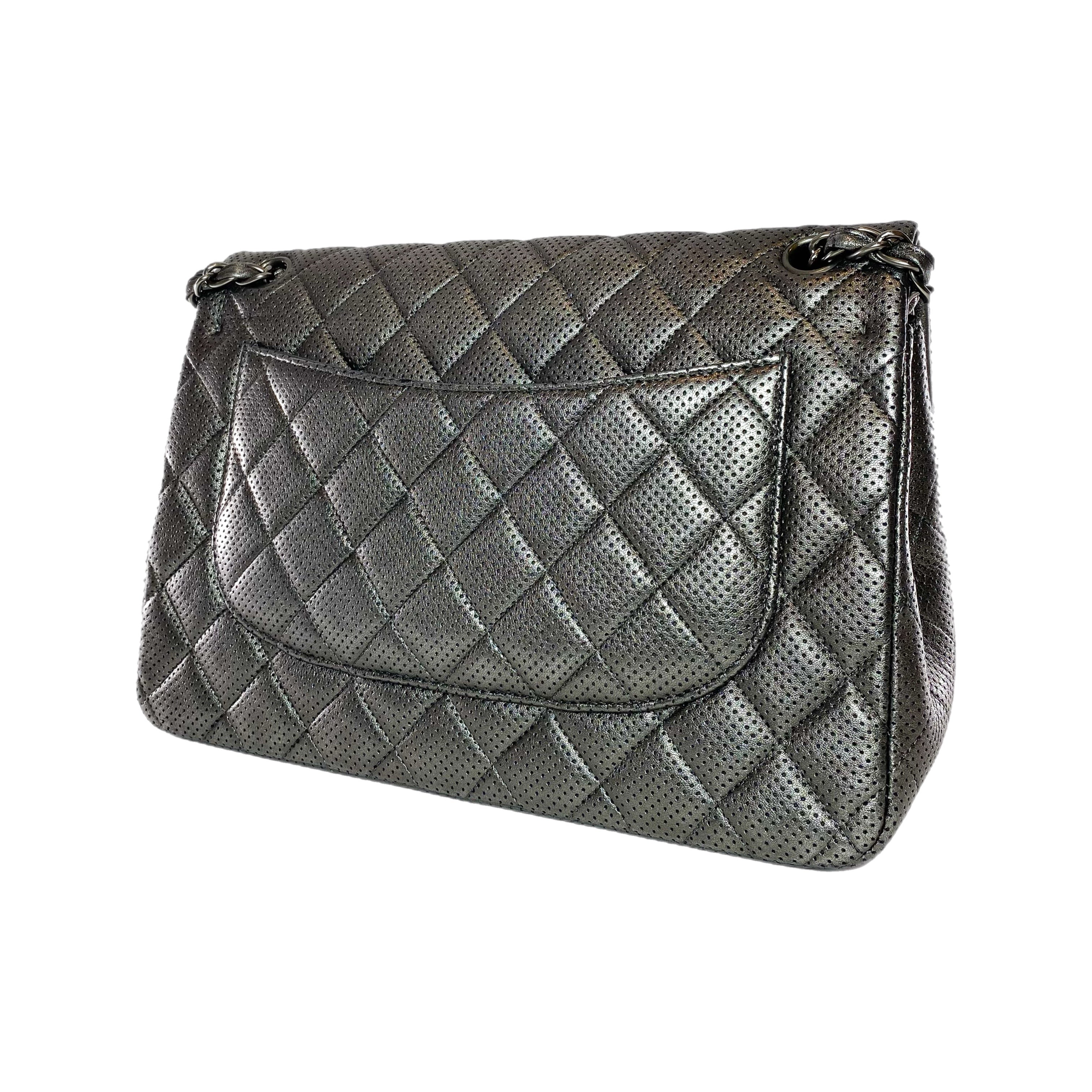 Chanel Dark Silver Perforated Jumbo Double Flap Bag