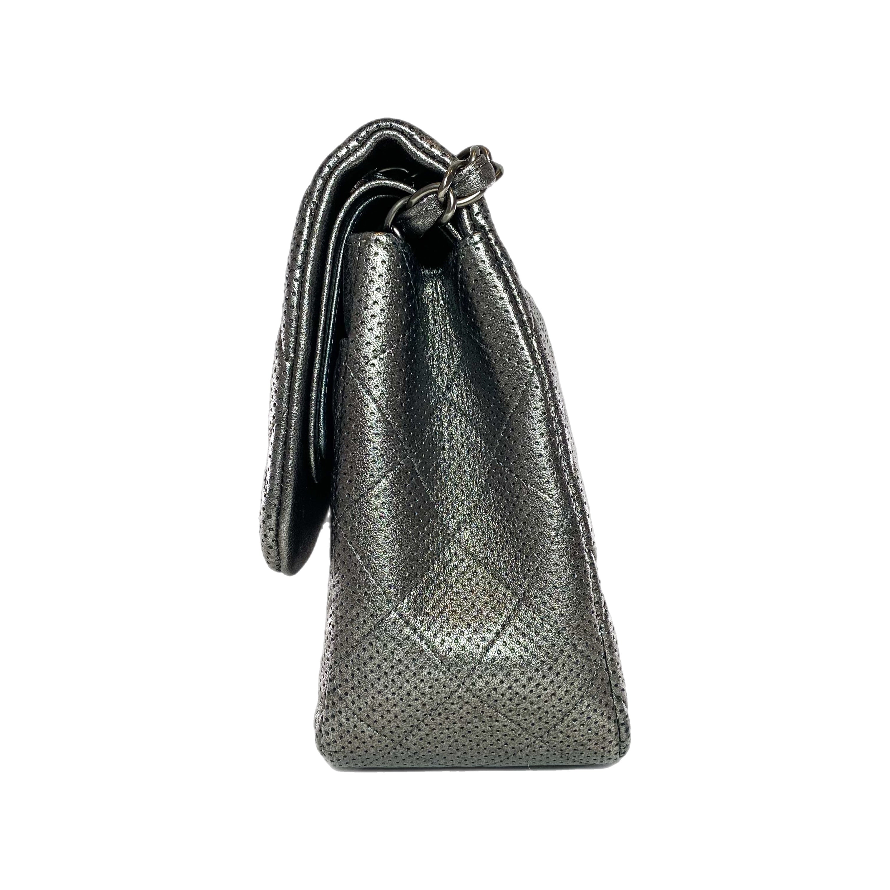 Chanel Dark Silver Perforated Jumbo Double Flap Bag