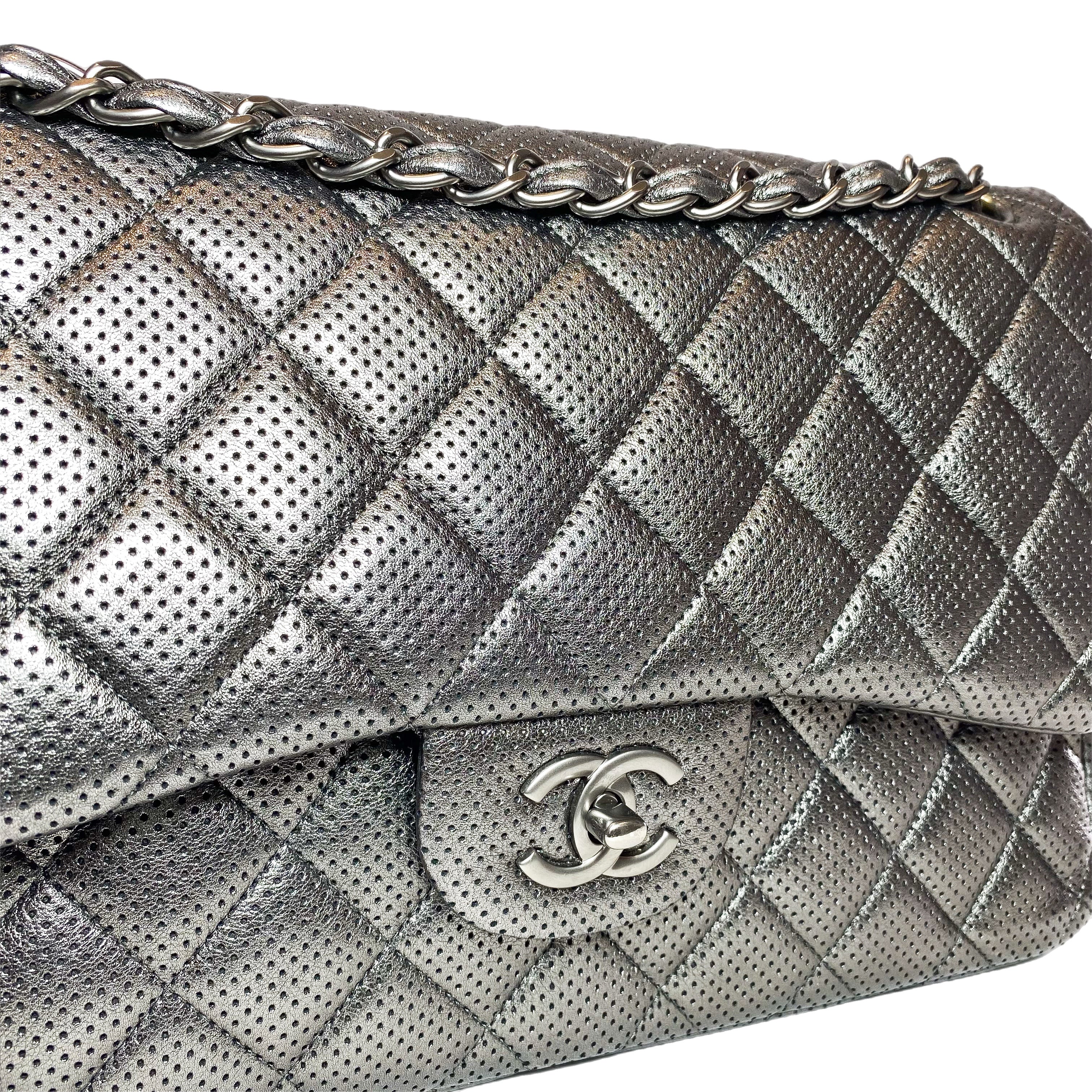 Chanel Dark Silver Perforated Jumbo Double Flap Bag