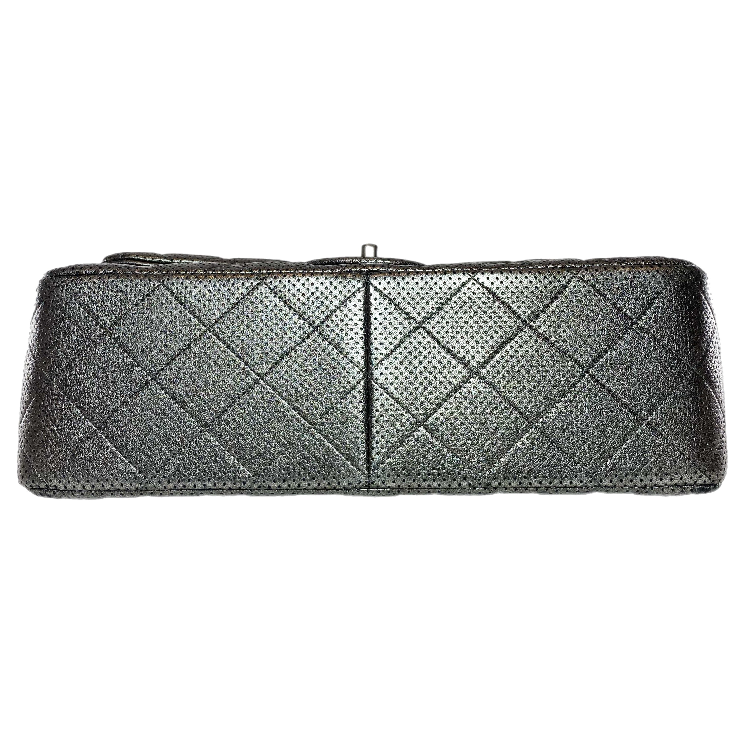 Chanel Dark Silver Perforated Jumbo Double Flap Bag